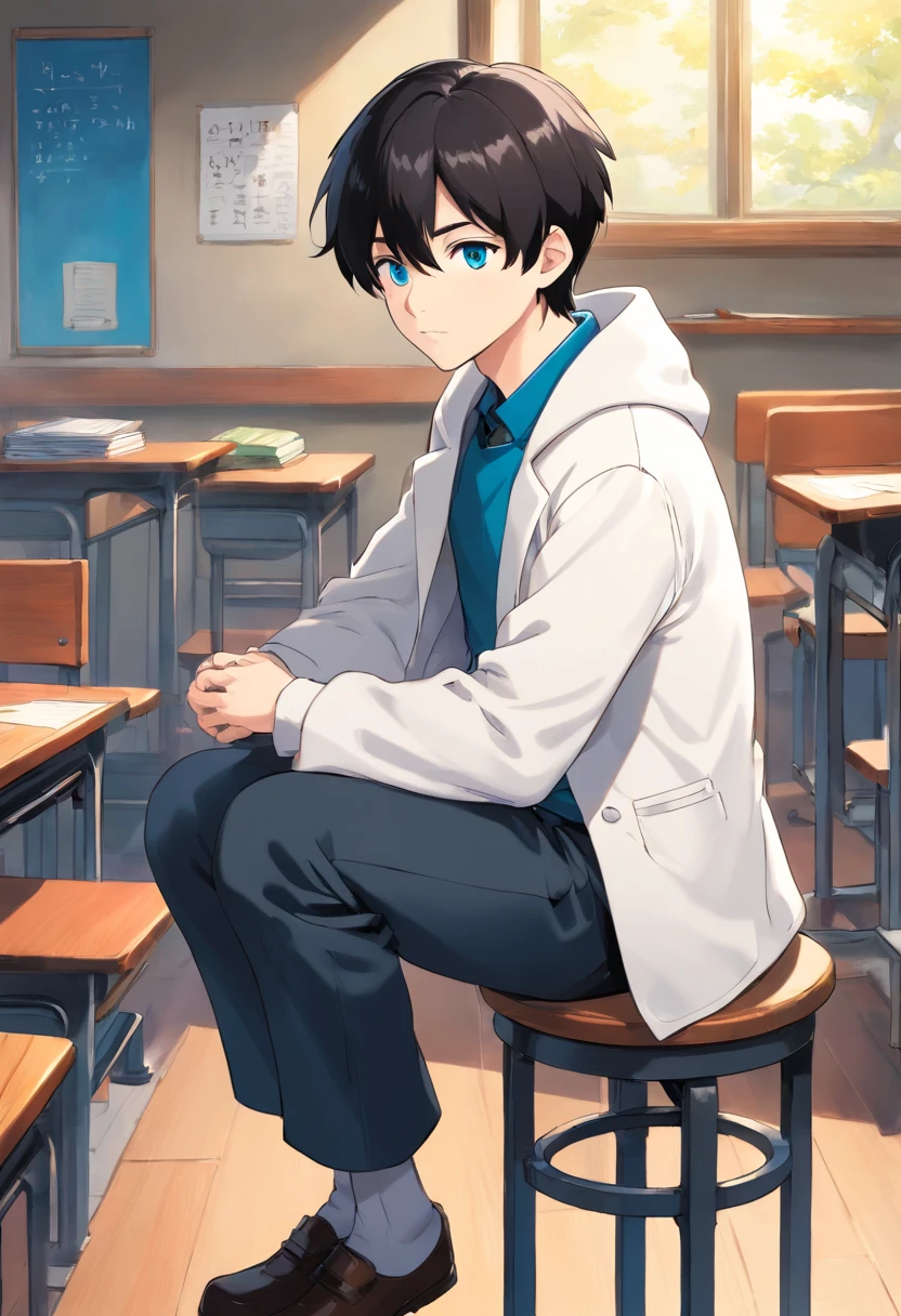 best quality: 1.0), (Ultra-high resolution: 1.0), anime boy, Black short hair, blue eyes, White coat, Black pants, Sleep on a stool, Classroom Background