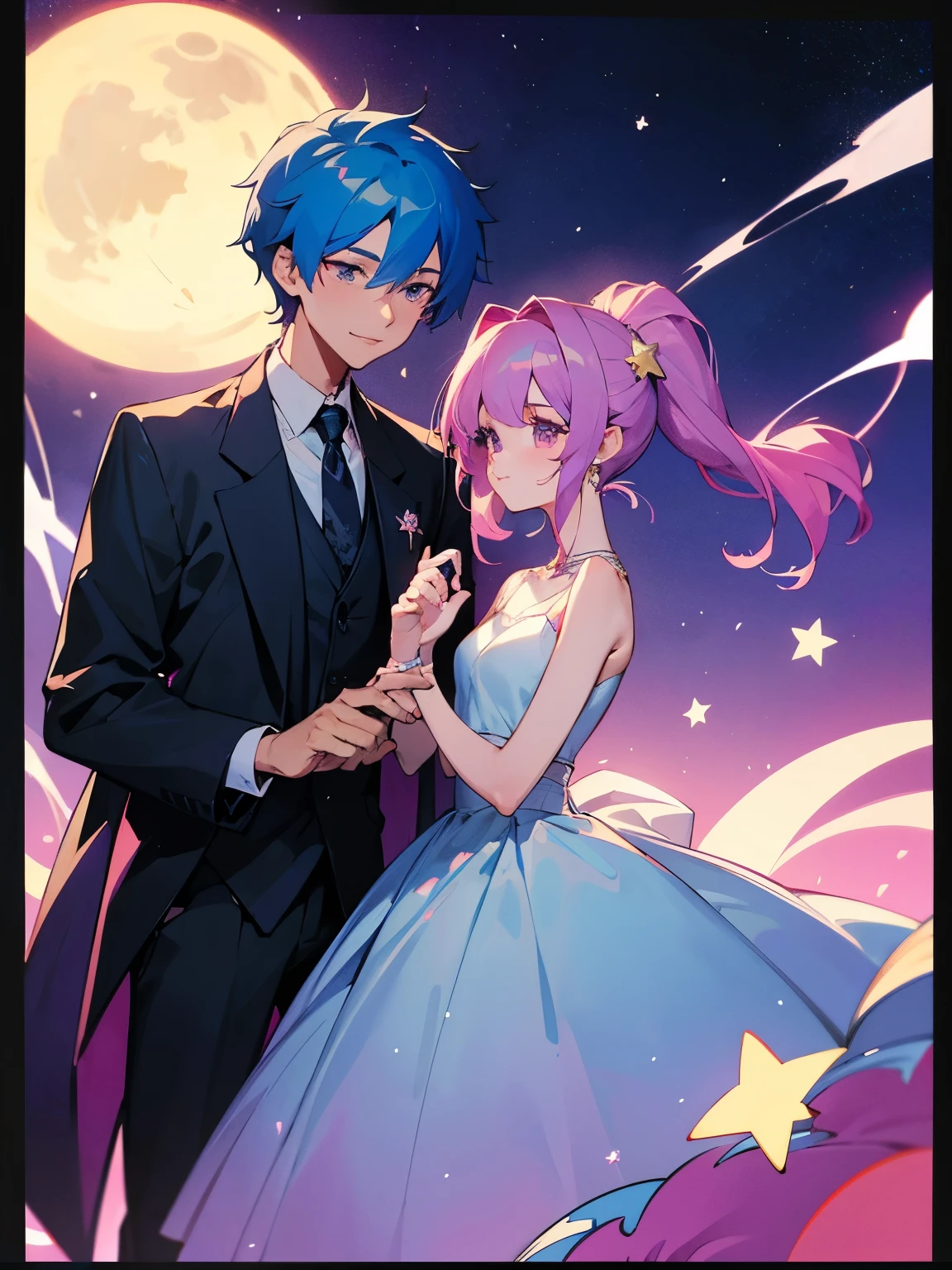 cartoon of a boy and a girl standing close together, ddlc, in the art style of 8 0 s anime, 9 0 s anime style, 90s anime style, in anime style, in an anime style, anime aesthetic, anime vibes, 9 0 s anime aesthetic, 9 0 s anime art style, lofi boy and girl, beautiful background outside, background at night with stars and a moon, fairy lights, beautiful background in a floral garden with fairy lights at night, a cute boy and a cute girl, beautiful faces, a boy and a girl, don't extra hands, NO extra hands, generate a boy and a girl with NO extra hands, NO extra arm, the boy has a short hairstyle and the girl has a long hairstyle, the boy has blue hair, the girl has pink hair, pretty faces, cute pretty boy in a smoking dress, cute pretty girl in a beautiful dress, with amazing smile, boy has a pretty smile, girl has a cute smile, cartoon of a boy and a girl standing close together, ddlc, in the art style of 8 0 s anime, 9 0 s anime style, 90s anime style, in anime style, in an anime style, anime aesthetic, anime vibes, 9 0 s anime aesthetic, 9 0 s anime art style, lofi boy and girl, beautiful background outside, background at night with stars and a moon, fairy lights, beautiful background in a floral garden with fairy lights at night, a cute boy and a cute girl, beautiful faces, a boy and a girl, don't extra hands, NO extra hands, generate a boy and a girl with NO extra hands, NO extra arm, the boy has a short hairstyle and the girl has a long hairstyle, the boy has blue hair, the girl has pink hair, pretty faces, cute pretty boy in a smoking dress, cute pretty girl in a beautiful dress, with amazing smile, boy has a pretty smile, girl has a cute smile