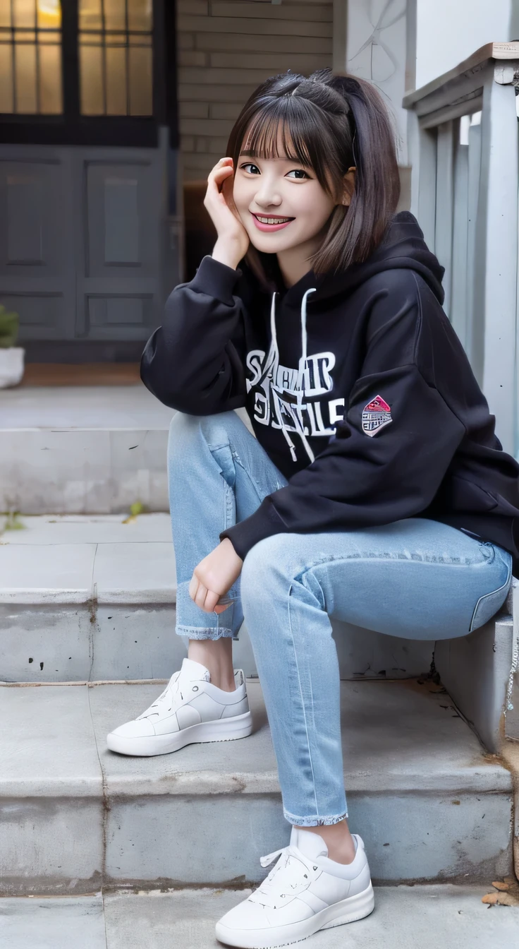 highest quality, Realistic, Very detailed, Finer details, High resolution, 8k wallpaper, One beautiful woman,Sit on the stairs、smile、、 Oversized hoodie, Skinny jeans,（ Black sneakers）、Black Hair、 Beautiful Bangs、ear piercing、Perfect dynamic composition, Beautiful and detailed, Full Body Shot, A big smile waiting to start