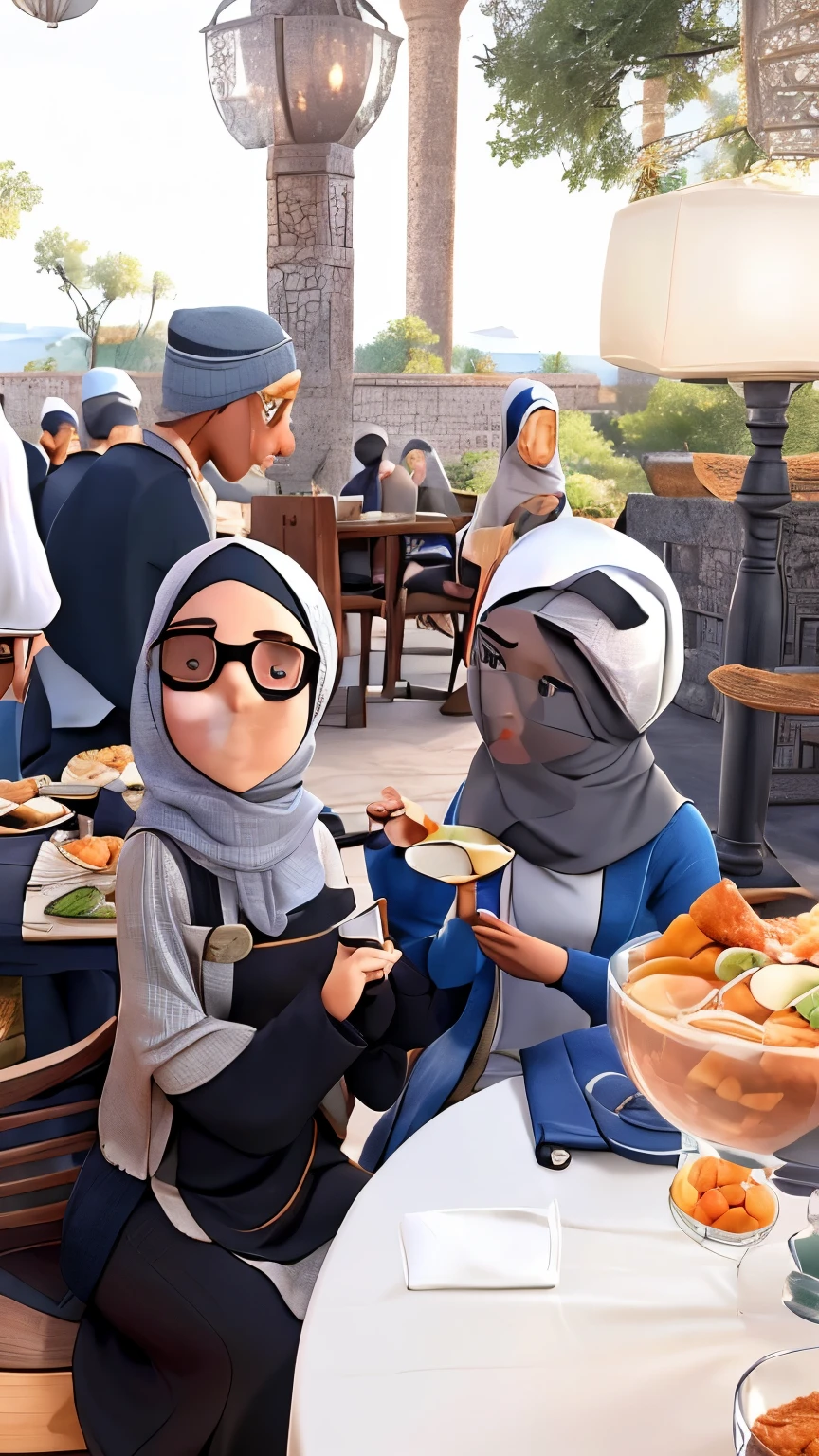 Two person, Male wearing gray muslim Clothing with white muslim cap, Female wearing black muslim Clothing with gray hijab and Eating soup, both used sunglasses, both in a dining table, people walking on the background, blue sky