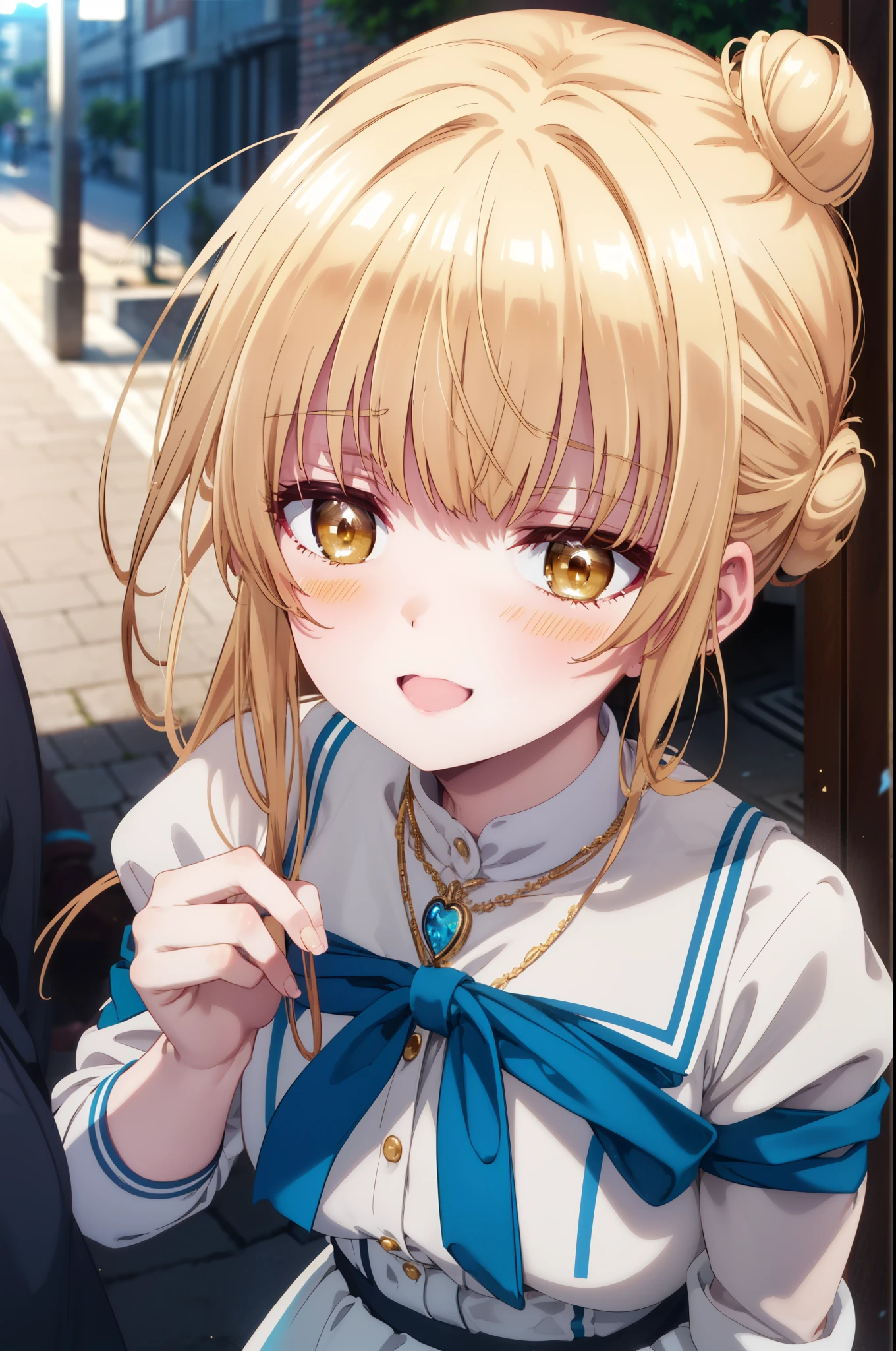 mahirushiina, Mahiru shiina, blonde, (Brown eyes:1.7), Long Hair, happy smile, smile, Open your mouth,Hair Bun, single Hair Bun,blush,Open your mouth,Locket Necklace,Sleeveless dress,Long skirt skirt,Cute heeled sandals、Walking,
break looking at viewer, whole body,crowd, people々々,
break outdoors, In town,Building district,
break (masterpiece:1.2), highest quality, High resolution, unity 8k wallpaper, (shape:0.8), (Beautiful details:1.6), Highly detailed face, Perfect lighting, Extremely detailed CG, (Perfect hands, Perfect Anatomy),