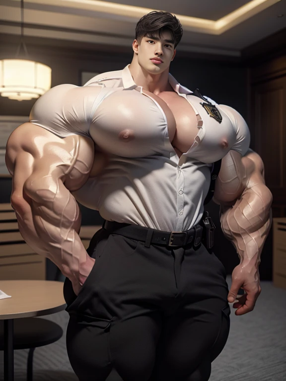(best quality:1.5, hyperrealistic:1.5, photorealistic:1.4, madly detailed CG unity 8k wallpaper:1.5, masterpiece:1.3, enthusiastically detailed photo:1.2), (hyper-realistic lifelike texture:1.4), highly detailed, ((masterpiece, best quality)), retouched, extremely detailed 8K wallpaper, 1 korean male, (korean man with k-pop idol look), 20yo, handsome, hyper muscle, stubble, firm, wear policeman costume & pants, big guy, photo real, illuminating light, brutalmass, giant muscular bodybuilder, bulk, massive body, large size, posing, indoor, investigation room