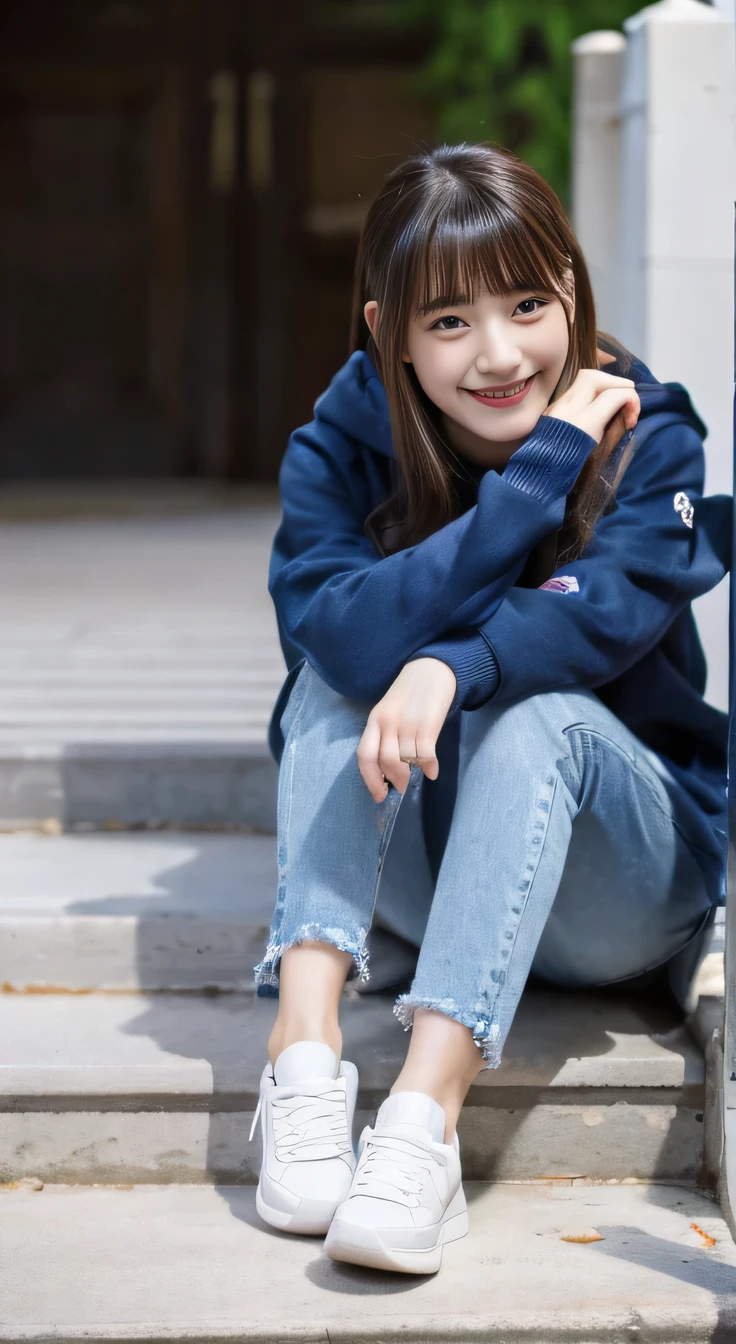 highest quality, Realistic, Very detailed, Finer details, High resolution, 8k wallpaper, One beautiful woman,Sit on the stairs、smile、、 Oversized hoodie, Skinny jeans,（ Black sneakers）、Black Hair、 Beautiful Bangs、ear piercing、Perfect dynamic composition, Beautiful and detailed, Full Body Shot, A big smile waiting to start