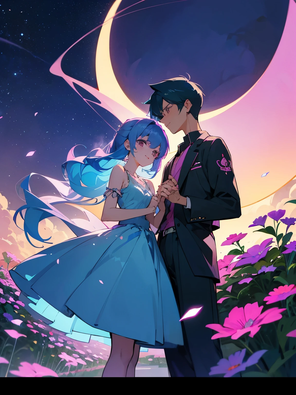cartoon of a boy and a girl standing close together, ddlc, in the art style of 8 0 s anime, 9 0 s anime style, 90s anime style, in anime style, in an anime style, anime aesthetic, anime vibes, 9 0 s anime aesthetic, 9 0 s anime art style, lofi boy and girl, beautiful background outside, background at night with stars and a moon, fairy lights, beautiful background in a floral garden with fairy lights at night, a cute boy and a cute girl, beautiful faces, a boy and a girl, don't extra hands, NO extra hands, generate a boy and a girl with NO extra hands, NO extra arm, the boy has a short hairstyle and the girl has a long hairstyle, the boy has blue hair, the girl has pink hair, pretty faces, cute pretty boy in a smoking dress, cute pretty girl in a beautiful dress, with amazing smile, boy has a pretty smile, girl has a cute smile, cartoon of a boy and a girl standing close together, ddlc, in the art style of 8 0 s anime, 9 0 s anime style, 90s anime style, in anime style, in an anime style, anime aesthetic, anime vibes, 9 0 s anime aesthetic, 9 0 s anime art style, lofi boy and girl, beautiful background outside, background at night with stars and a moon, fairy lights, beautiful background in a floral garden with fairy lights at night, a cute boy and a cute girl, beautiful faces, a boy and a girl, don't extra hands, NO extra hands, generate a boy and a girl with NO extra hands, NO extra arm, the boy has a short hairstyle and the girl has a long hairstyle, the boy has blue hair, the girl has pink hair, pretty faces, cute pretty boy in a smoking dress, cute pretty girl in a beautiful dress, with amazing smile, boy has a pretty smile, girl has a cute smile  