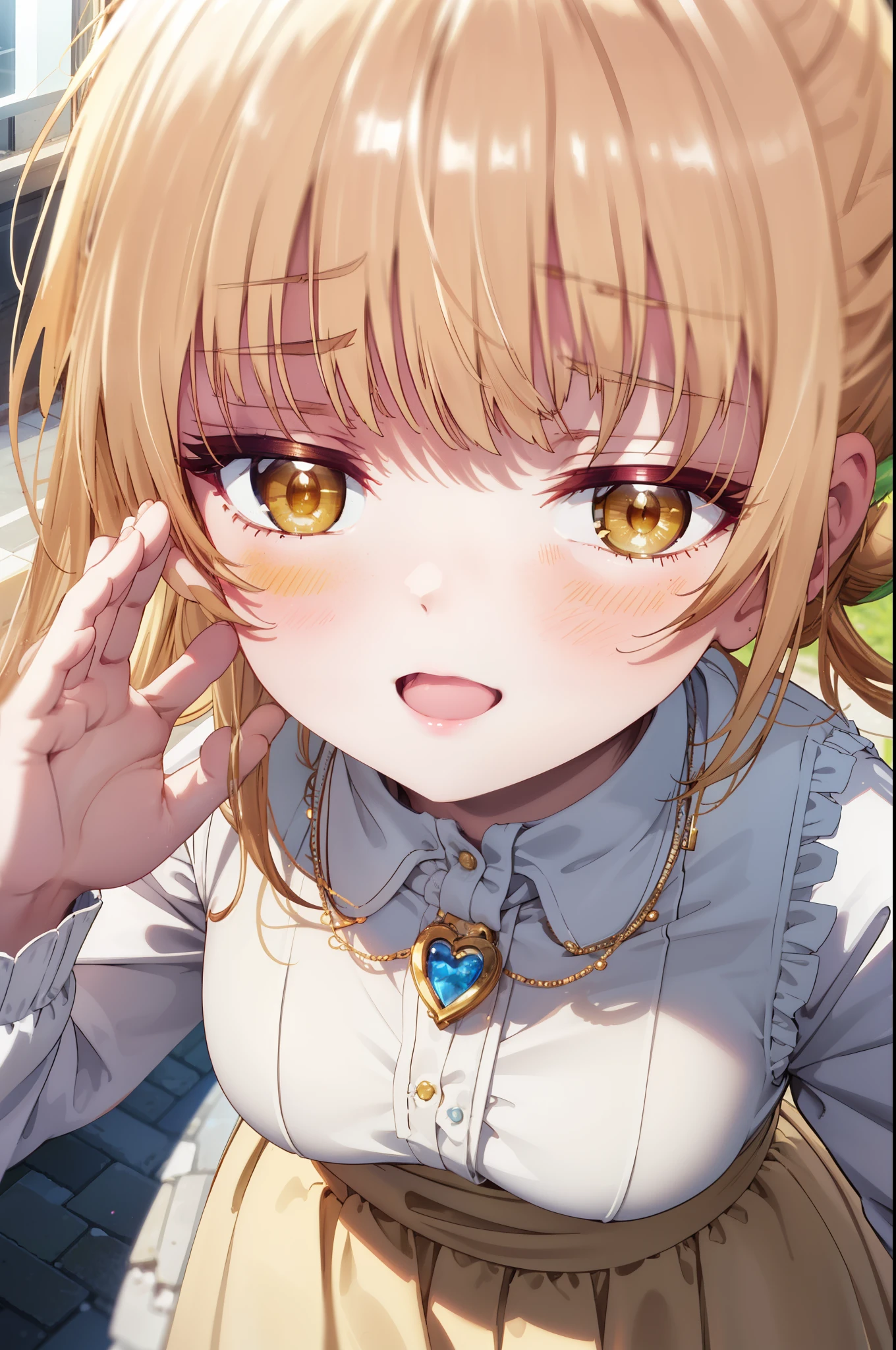 mahirushiina, Mahiru shiina, blonde, (Brown eyes:1.7), Long Hair, happy smile, smile, Open your mouth,Hair Bun, single Hair Bun,blush,Open your mouth,Locket Necklace,Sleeveless dress,Long skirt skirt,Cute heeled sandals、Walking,
break looking at viewer, whole body,crowd, people々々,
break outdoors, In town,Building district,
break (masterpiece:1.2), highest quality, High resolution, unity 8k wallpaper, (shape:0.8), (Beautiful details:1.6), Highly detailed face, Perfect lighting, Extremely detailed CG, (Perfect hands, Perfect Anatomy),