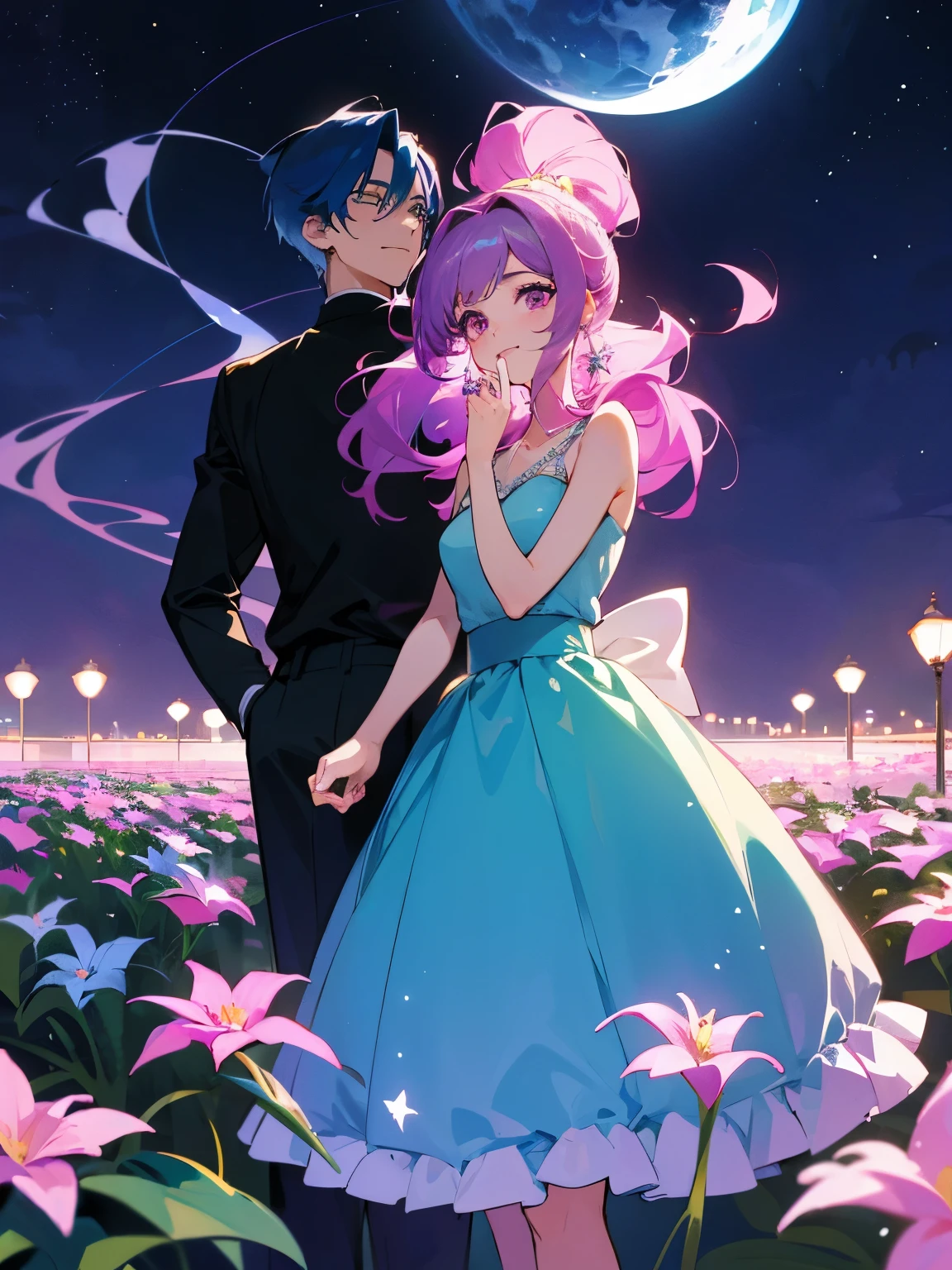 cartoon of a boy and a girl standing close together, ddlc, in the art style of 8 0 s anime, 9 0 s anime style, 90s anime style, in anime style, in an anime style, anime aesthetic, anime vibes, 9 0 s anime aesthetic, 9 0 s anime art style, lofi boy and girl, beautiful background outside, background at night with stars and a moon, fairy lights, beautiful background in a floral garden with fairy lights at night, a cute boy and a cute girl, beautiful faces, a boy and a girl, don't extra hands, NO extra hands, generate a boy and a girl with NO extra hands, NO extra arm, the boy has a short hairstyle and the girl has a long hairstyle, the boy has blue hair, the girl has pink hair, pretty faces, cute pretty boy in a smoking dress, cute pretty girl in a beautiful dress, with amazing smile, boy has a pretty smile, girl has a cute smile, cartoon of a boy and a girl standing close together, ddlc, in the art style of 8 0 s anime, 9 0 s anime style, 90s anime style, in anime style, in an anime style, anime aesthetic, anime vibes, 9 0 s anime aesthetic, 9 0 s anime art style, lofi boy and girl, beautiful background outside, background at night with stars and a moon, fairy lights, beautiful background in a floral garden with fairy lights at night, a cute boy and a cute girl, beautiful faces, a boy and a girl, don't extra hands, NO extra hands, generate a boy and a girl with NO extra hands, NO extra arm, the boy has a short hairstyle and the girl has a long hairstyle, the boy has blue hair, the girl has pink hair, pretty faces, cute pretty boy in a smoking dress, cute pretty girl in a beautiful dress, with amazing smile, boy has a pretty smile, girl has a cute smile  