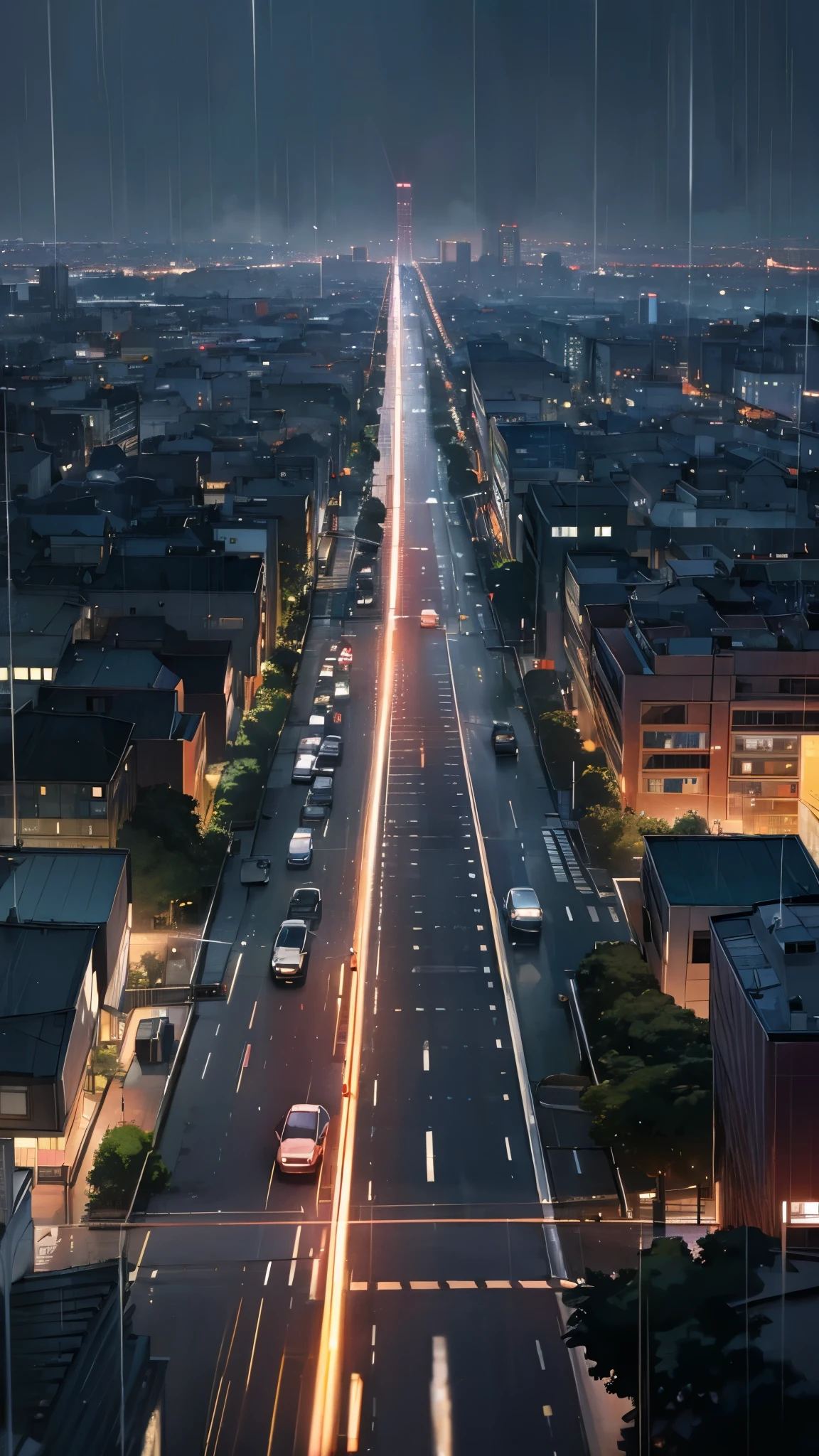 Big city cityscape、rain、Cars passing by、evening