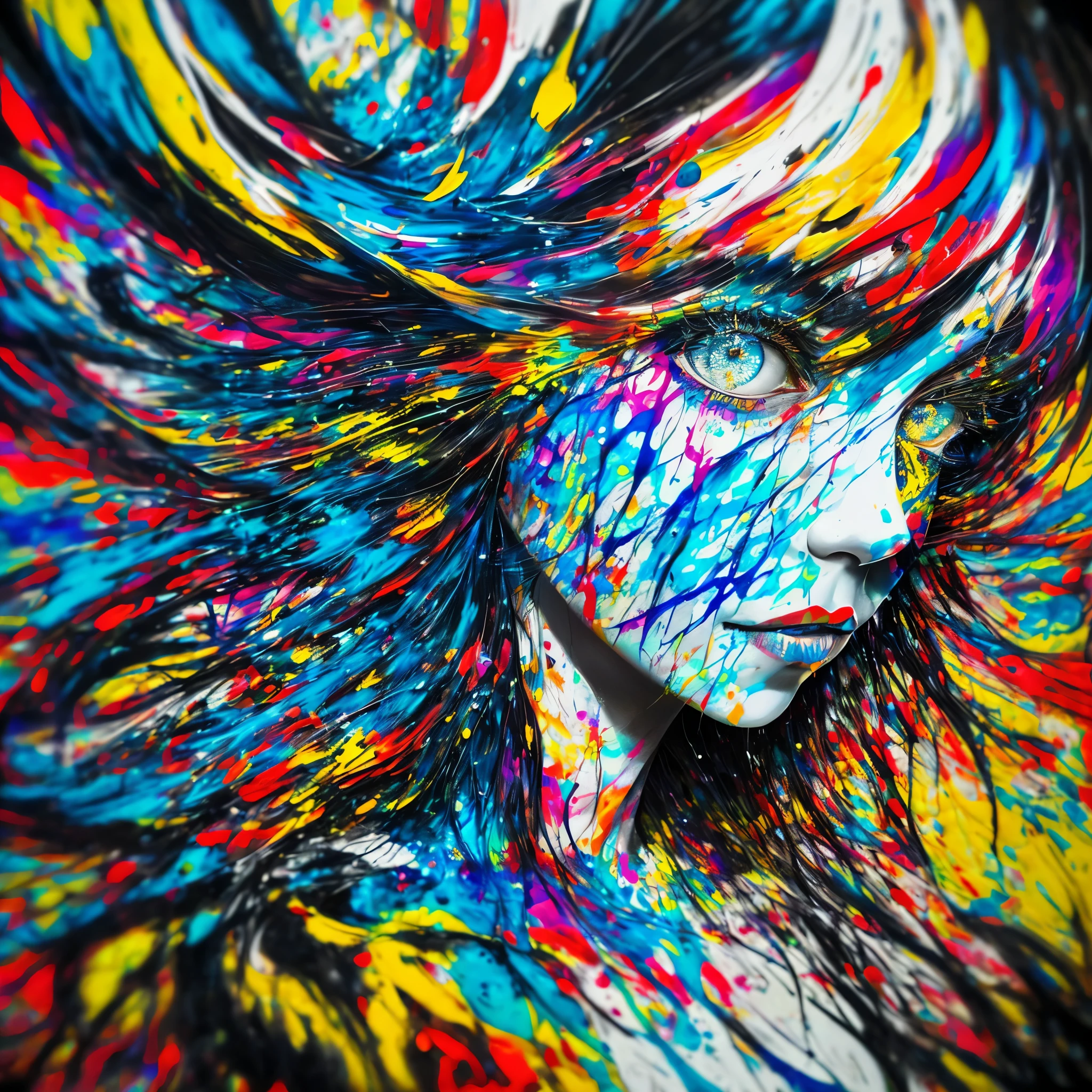 a mixed media abstract artwork of a strange woman with striking eyes and long hair, highly detailed eyes,medium breast,(fine art), (lots of splashes of paint in bold colors on the canvas 1.2),[thick, dripping,wet,shiny paint], ink, pencil shading, award winning, (perfect composition),monochrome skin