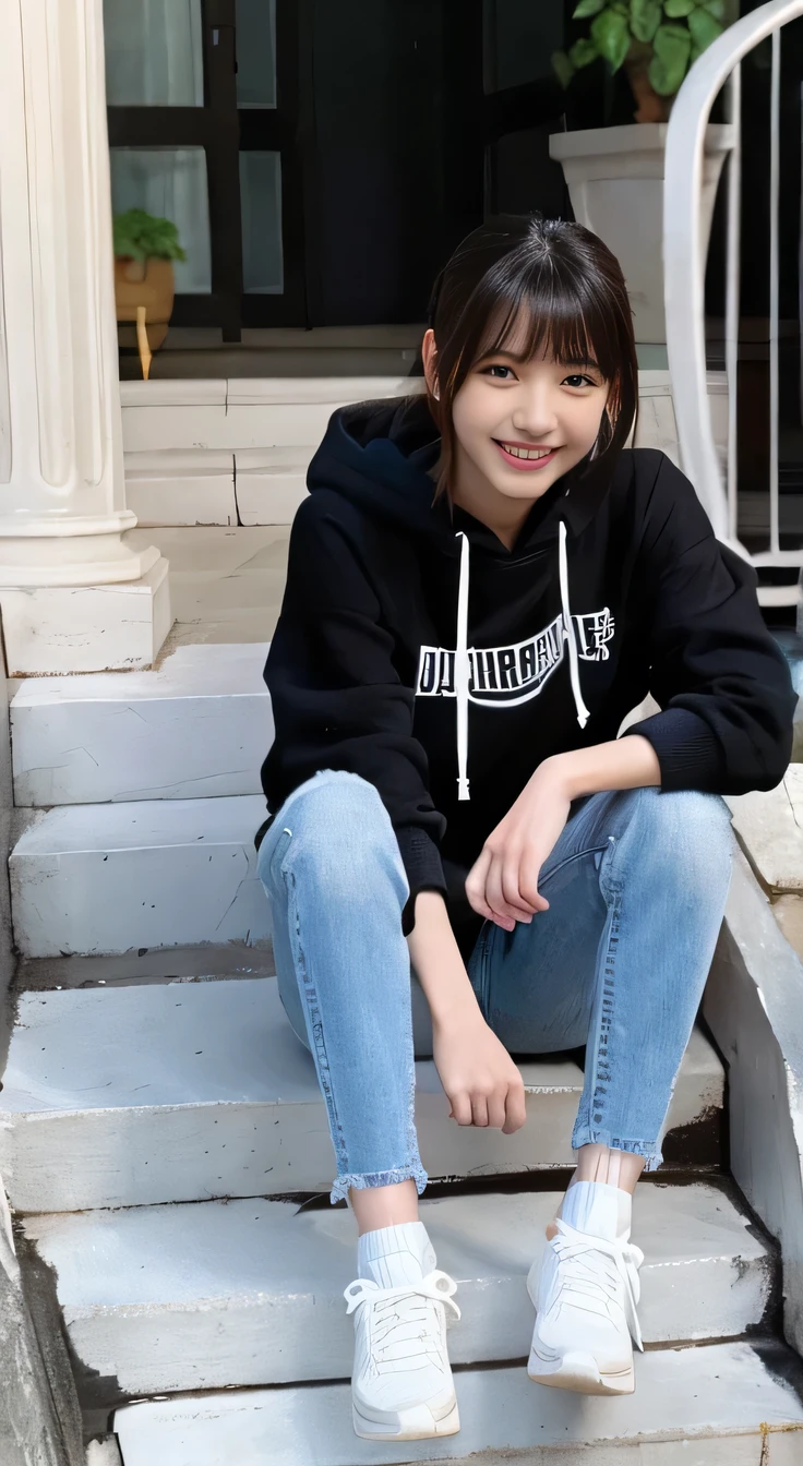 highest quality, Realistic, Very detailed, Finer details, High resolution, 8k wallpaper, One beautiful woman,Sit on the stairs、smile、、socks、 Oversized hoodie, Skinny jeans,（ sneakers）、Black Hair、 Beautiful Bangs、ear piercing、Perfect dynamic composition, Beautiful and detailed, Full Body Shot, A big smile waiting to start
