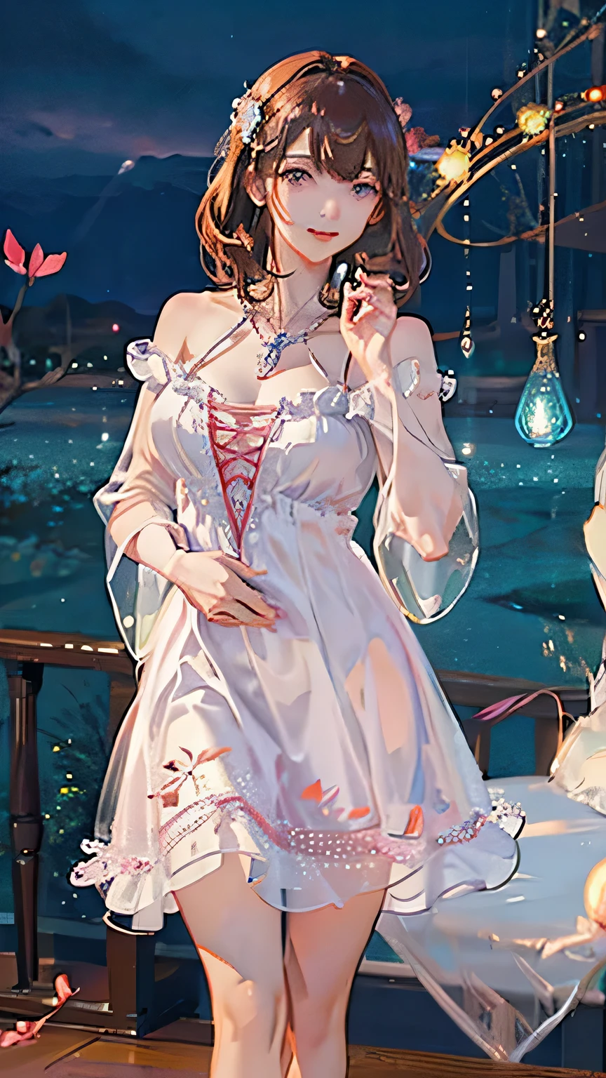(highest quality, High resolution), Glowing Eyes, Delicate facial features, Vibrant colors, Dreamy atmosphere, Fantasy Theme, Floral Background, Graceful Movement, Detailed clothing, loose fitting dress, Elegant fashion, Magic lighting, Mysterious Aura, Heavenly Beauty, Magic thread, Whimsical elements,Big Breasts、Red attire、Colorful costumes、lingerie、Purple outfit