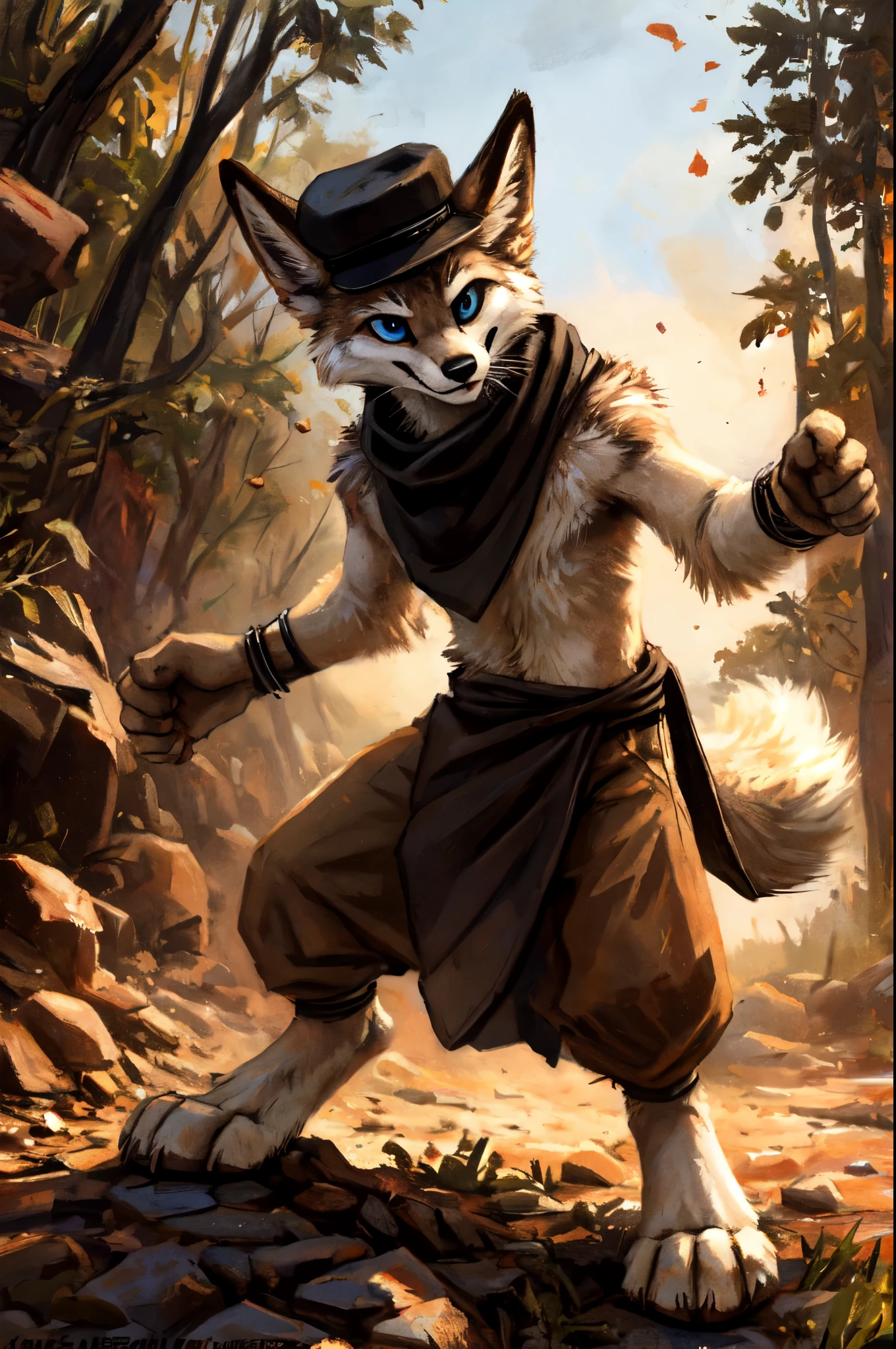 Solo, teen furry, furry, teen, white fox, white body, grey stripes, black hat, brown_towel around waist, holy magic, masterpiece, Detailed face, big eyebrows, blue eyes, detailed eyes, No muscles, Detailed hands, Flat body, Skinny, Detailed paws, no shirt, no underwear, metal bands on wrists, oversized collar, metal bands on ankles, art by kenket, action pose, black scarf