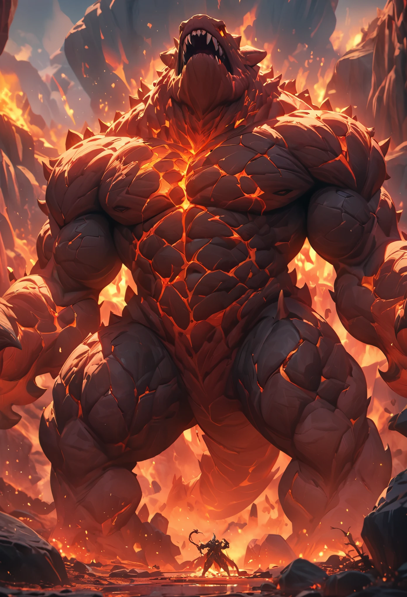 Lava Behemoth，Thick limbs，Rock material，Roaring to the sky，Full of cracks，Magma flows out of the cracks，Cracked earth，Fantasy style，8k，Super Fine，high quality，masterpiece，precise