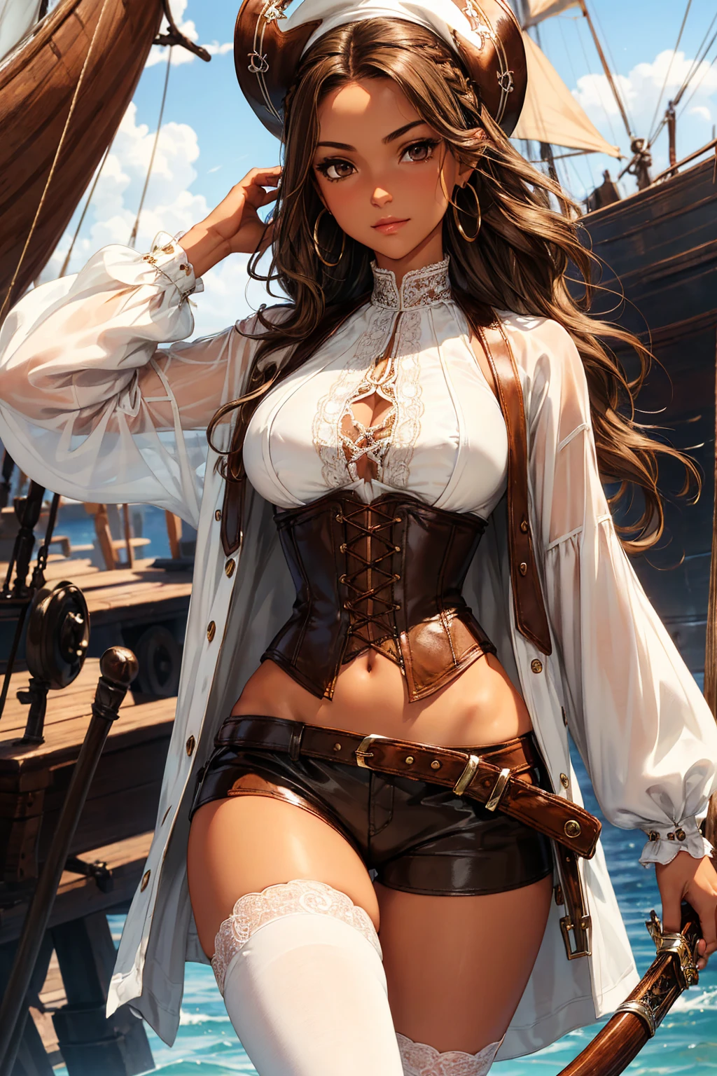 (masterpiece), best quality, expressive eyes, perfect face, (pirate ship background), (standing), (smirk), (closeup view), (1girl, vanessa alessia, dark skin, tanned skin, brown hair, wavy hairstyle, brown eyes, hourglass figure, thin body, skinny body, petite_body, medium breasts, thick thighs, long fingernails, brown plaid head wrap, white front lace blouse, long sleeve, loose fit, brown leather corset, brown leather shorts, brown boots, sheathed cutlass sword, flintlock pistol in holster, hoop earrings, miscellaneous jewelry), porn star