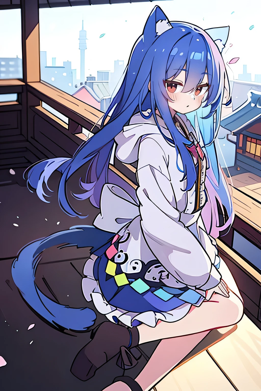 (masterpiece:1.2),Super detailed,lifelike,Expressive eyes,fair skin,perfect face shape,1 girl,
Japanese comics,Gorgeous blue hair,flowing blue hair,flowing clothes,Cat ears,Petals fall,beautiful lola,Baby Angel,
Shaking head with one hand,Cross your legs,Gentle and peaceful background,The pavilion is cool and comfortable,smile, wearing hoodie, background of tokyo,back views,snowing, winter.