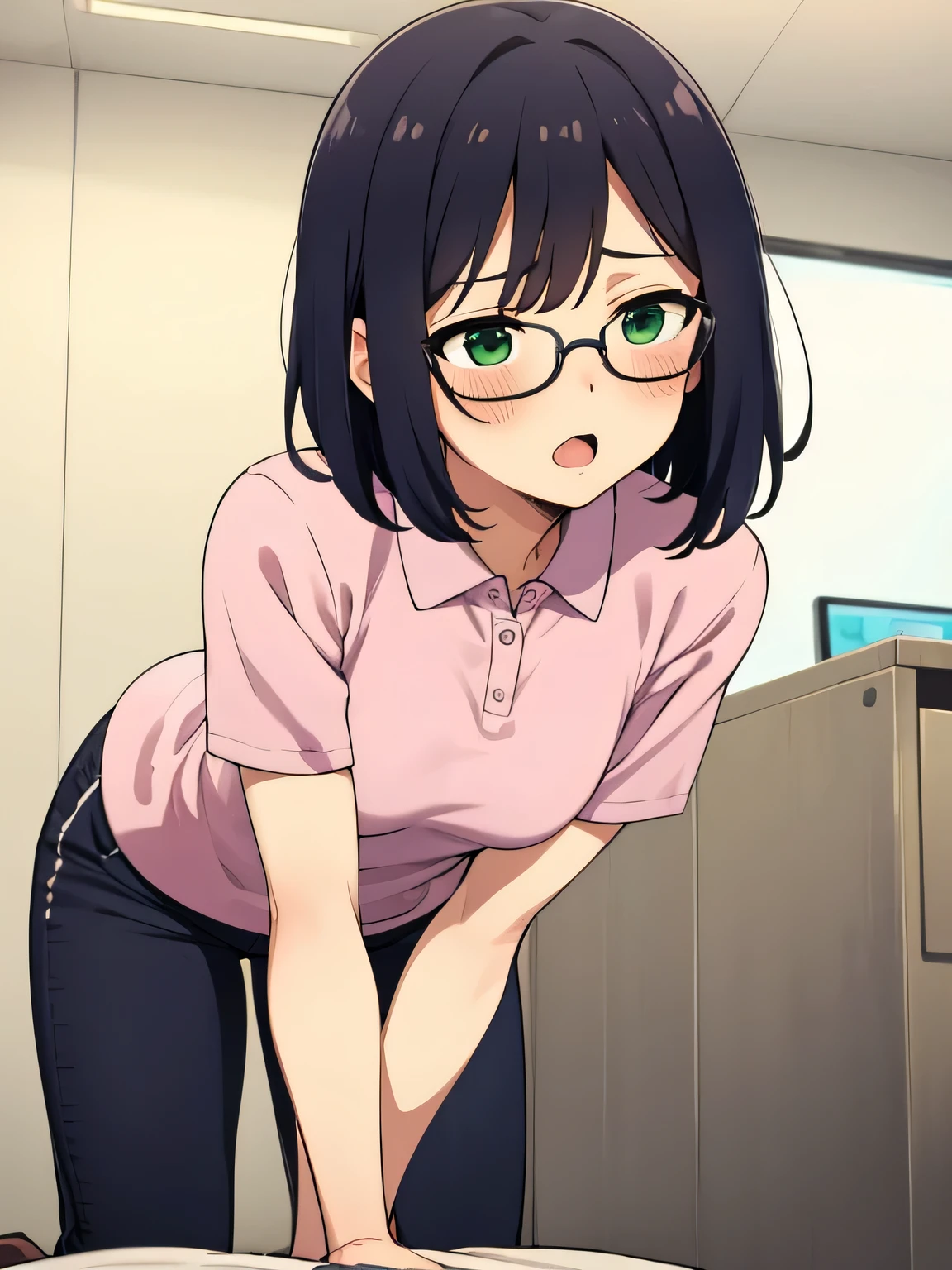 leaning forward kneeling green eyes glasses on all fours , Wearing a shocking pink polo shirt, Black trousers, Adult female, The exact number of fingers、 Exact number of legs、Exact number of arms、, Short hair Black hair, (blush:1), (Small breasts:1),highest quality, High resolution,Highly detailed face, Extremely detailed CG, (Perfect hands, Perfect Anatomy),Hospital Examination Room Dynamic Angle Naughty Face