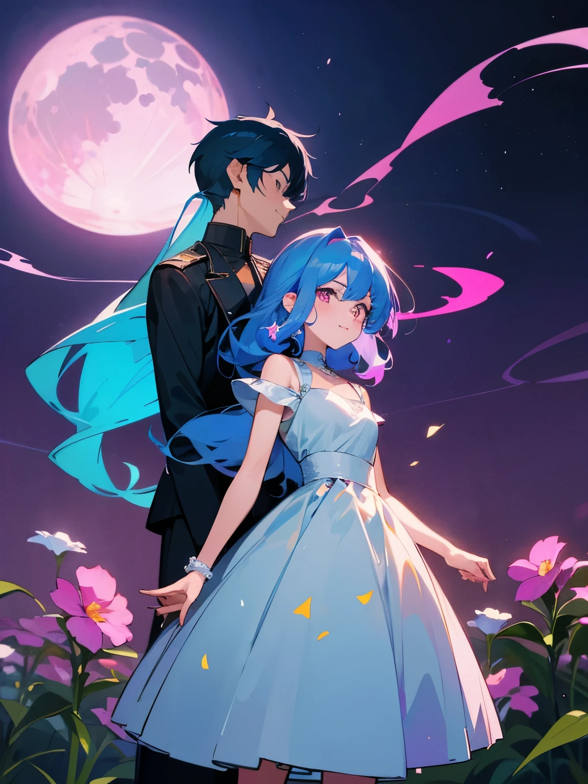 cartoon of a boy and a girl standing close together, ddlc, in the art style of 8 0 s anime, 9 0 s anime style, 90s anime style, in anime style, in an anime style, anime aesthetic, anime vibes, 9 0 s anime aesthetic, 9 0 s anime art style, lofi boy and girl, beautiful background outside, background at night with stars and a moon, fairy lights, beautiful background in a floral garden with fairy lights at night, a cute boy and a cute girl, beautiful faces, a boy and a girl, don't extra hands, NO extra hands, generate a boy and a girl with NO extra hands, NO extra arm, the boy has a short hairstyle and the girl has a long hairstyle, the boy has blue hair, the girl has pink hair, pretty faces, cute pretty boy in a smoking dress, cute pretty girl in a beautiful dress, with amazing smile, boy has a pretty smile, girl has a cute smile, cartoon of a boy and a girl standing close together, ddlc, in the art style of 8 0 s anime, 9 0 s anime style, 90s anime style, in anime style, in an anime style, anime aesthetic, anime vibes, 9 0 s anime aesthetic, 9 0 s anime art style, lofi boy and girl, beautiful background outside, background at night with stars and a moon, fairy lights, beautiful background in a floral garden with fairy lights at night, a cute boy and a cute girl, beautiful faces, a boy and a girl, don't extra hands, NO extra hands, generate a boy and a girl with NO extra hands, NO extra arm, the boy has a short hairstyle and the girl has a long hairstyle, the boy has blue hair, the girl has pink hair, pretty faces, cute pretty boy in a smoking dress, cute pretty girl in a beautiful dress, with amazing smile, boy has a pretty smile, girl has a cute smile  