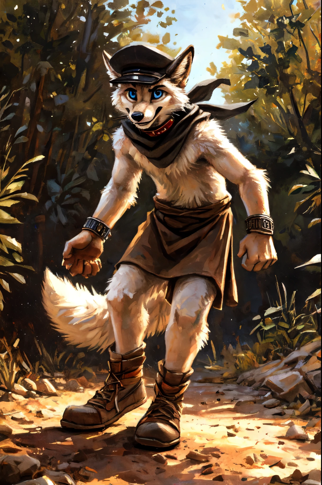 Solo, teen furry, furry, teen, white fox, white body, grey stripes, black hat, brown_towel around waist, holy magic, masterpiece, Detailed face, big eyebrows, blue eyes, detailed eyes, No muscles, Detailed hands, Flat body, Skinny, Detailed paws, no shirt, no underwear, metal bands on wrists, oversized collar, metal bands on ankles, art by kenket, action pose, black scarf