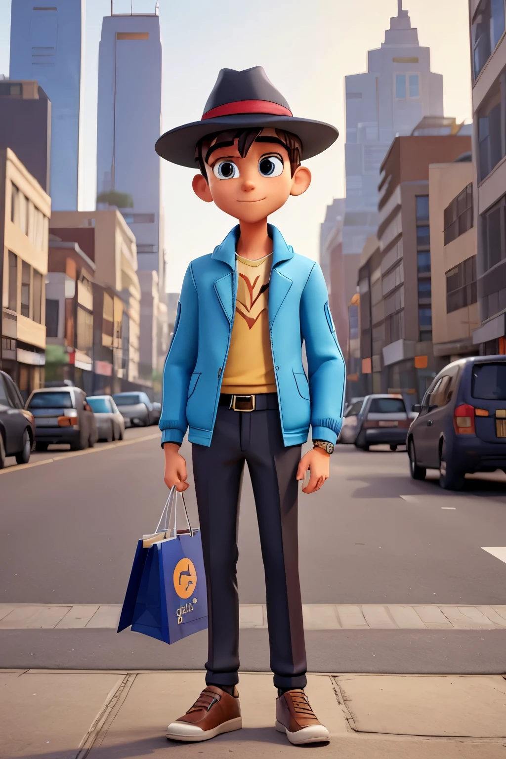 In the heart of the city, a fashionable cartoon character, a 3D model in 4k HD, stands confidently with an air of sophistication. The sun casts a golden glow upon him, illuminating his vibrant features and intricately detailed clothes. His sleek, modern outfit comprises of a stylish hat, a trendy jacket adorned with futuristic patterns, and tailored pants. Casually leaning against a sleek, contemporary shopping cart, his posture exudes a sense of effortless coolness. The passersby cannot help but admire his impeccable style, as they continue their hurried pace in the bustling metropolis. The man remains un