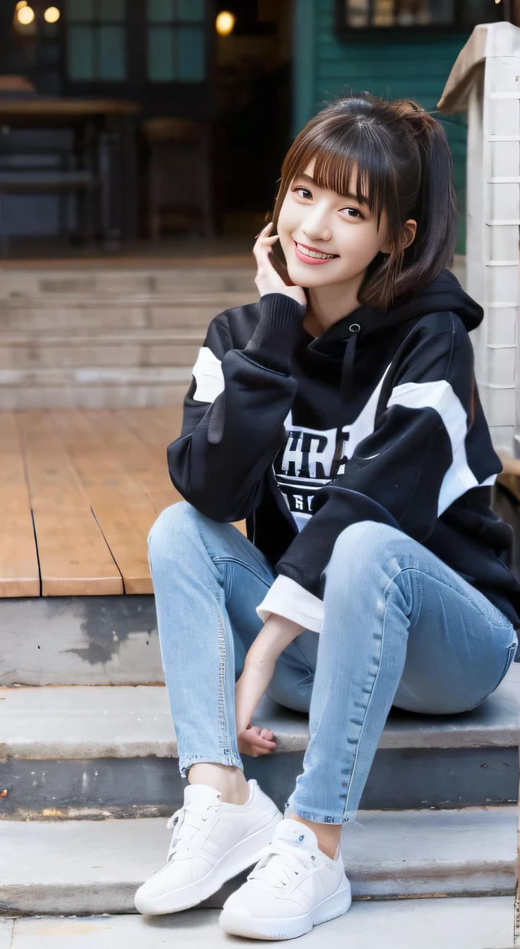 highest quality, Realistic, Very detailed, Finer details, High resolution, 8k wallpaper, One beautiful woman,Sit on the stairs、smile、（Black socks） Oversized hoodie, Skinny jeans,（ Black sneakers）、Black Hair、 Beautiful Bangs、ear piercing、Perfect dynamic composition, Beautiful and detailed, Full Body Shot, A big smile waiting to start
