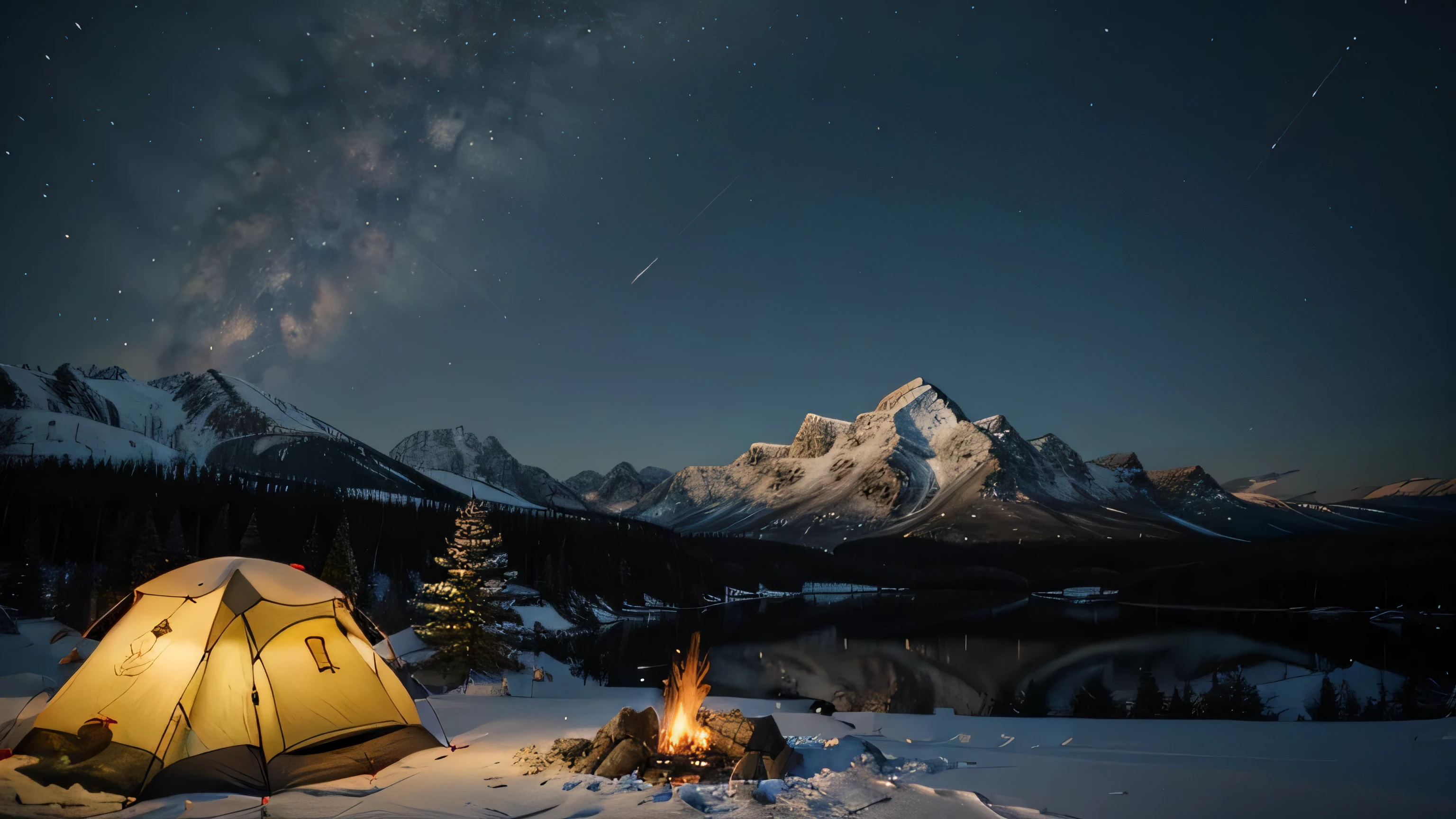 A camping tent and a camp fire in a snowy taiga biome, a gorgeous mounntain in distance, ((masterpiece)), excellent composition.