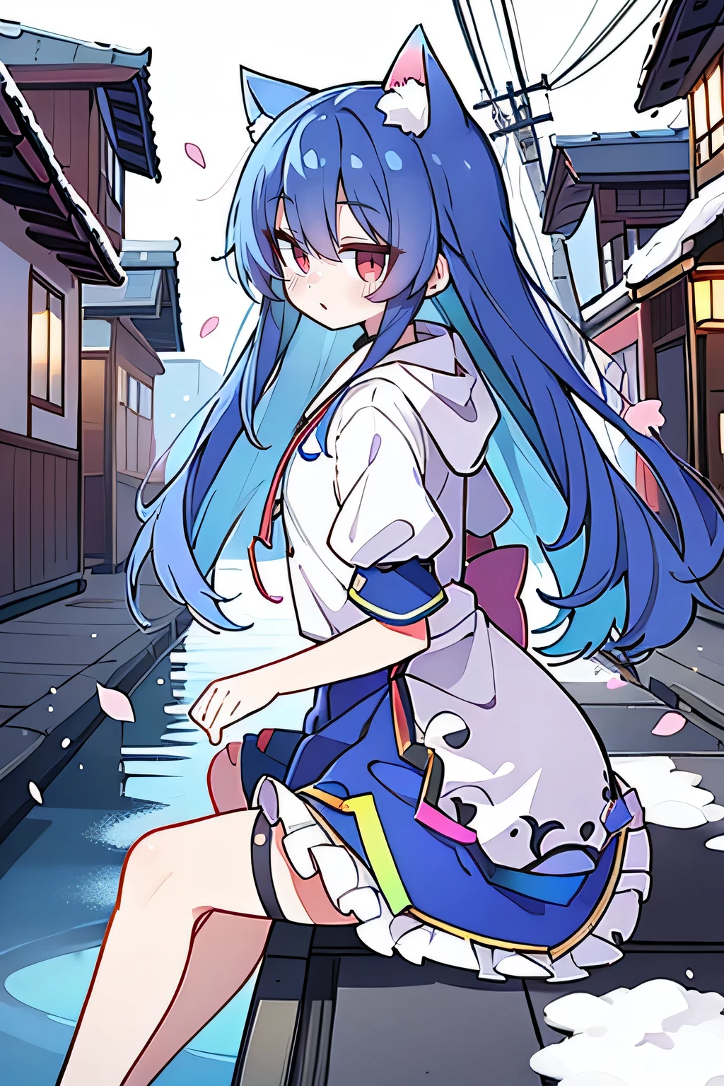 （masterpiece：1.2），Super detailed，lifelike，Expressive eyes，fair skin，perfect face shape，1 girl，
Japanese comics,Gorgeous blue hair,flowing blue hair,flowing clothes,Cat ears,Petals fall,beautiful lola,Baby Angel,
Shaking head with one hand，Cross your legs，Gentle and peaceful background，The pavilion is cool and comfortable,smile, wearing hoodie, background of tokyo,back views,snowing, winter.