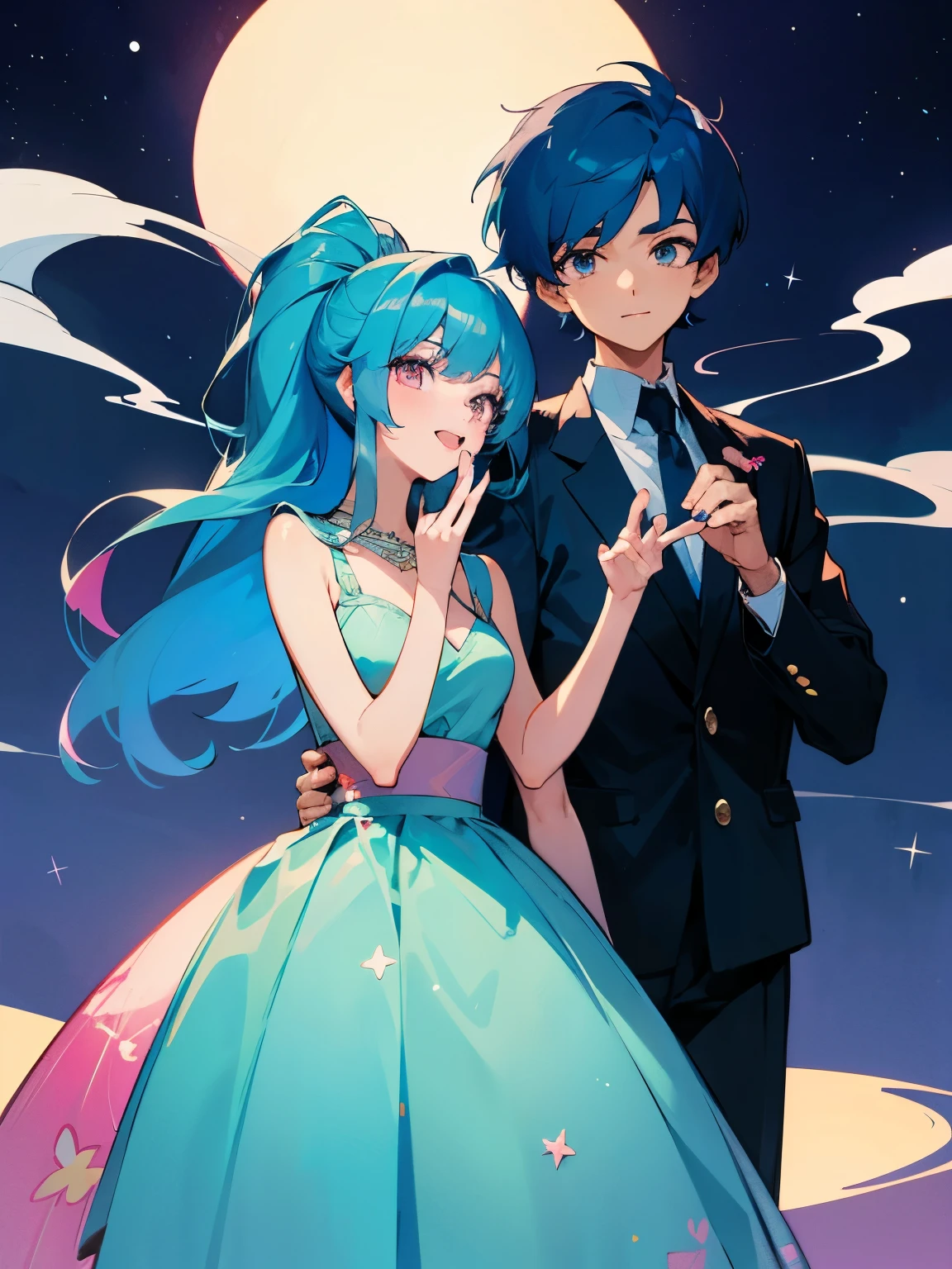 cartoon of a boy and a girl standing close together, ddlc, in the art style of 8 0 s anime, 9 0 s anime style, 90s anime style, in anime style, in an anime style, anime aesthetic, anime vibes, 9 0 s anime aesthetic, 9 0 s anime art style, lofi boy and girl, beautiful background outside, background at night with stars and a moon, fairy lights, beautiful background in a floral garden with fairy lights at night, a cute boy and a cute girl, beautiful faces, a boy and a girl, don't extra hands, NO extra hands, generate a boy and a girl with NO extra hands, NO extra arm, the boy has a short hairstyle and the girl has a long hairstyle, the boy has blue hair, the girl has pink hair, pretty faces, cute pretty boy in a smoking dress, cute pretty girl in a beautiful dress, with amazing smile, boy has a pretty smile, girl has a cute smile, cartoon of a boy and a girl standing close together, ddlc, in the art style of 8 0 s anime, 9 0 s anime style, 90s anime style, in anime style, in an anime style, anime aesthetic, anime vibes, 9 0 s anime aesthetic, 9 0 s anime art style, lofi boy and girl, beautiful background outside, background at night with stars and a moon, fairy lights, beautiful background in a floral garden with fairy lights at night, a cute boy and a cute girl, beautiful faces, a boy and a girl, don't extra hands, NO extra hands, generate a boy and a girl with NO extra hands, NO extra arm, the boy has a short hairstyle and the girl has a long hairstyle, the boy has blue hair, the girl has pink hair, pretty faces, cute pretty boy in a smoking dress, cute pretty girl in a beautiful dress, with amazing smile, boy has a pretty smile, girl has a cute smile  