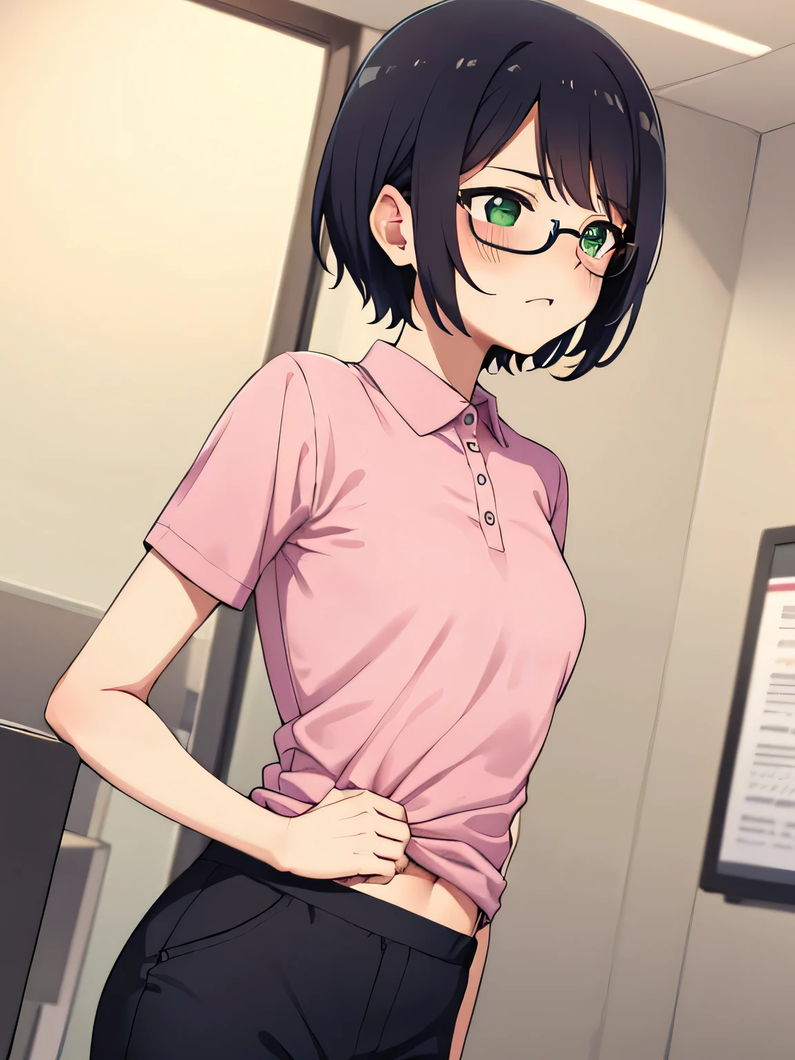 In town,Small breasts that can be rolled up,Black Hair,short hair,Green Eye Glasses,(Pink polo shirt, Short sleeve, naked), (High resolution, high quality:1.1), Intricate details,  1 girl,(blush,Embarrassing)There are so many people around, perfect five fingers