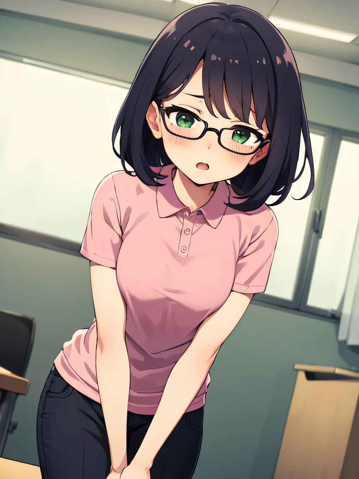 Standing, clutching groin, fidgeting, green eyes, glasses, wearing a hot pink polo shirt, Black trousers, Adult female, The exact number of fingers、 Exact number of legs、Exact number of arms、, Short hair Black hair, (blush:1), (Small breasts:1),highest quality, High resolution,Highly detailed face, Extremely detailed CG, (Perfect hands, Perfect Anatomy),Hospital Examination Room Dynamic Angle Naughty Face