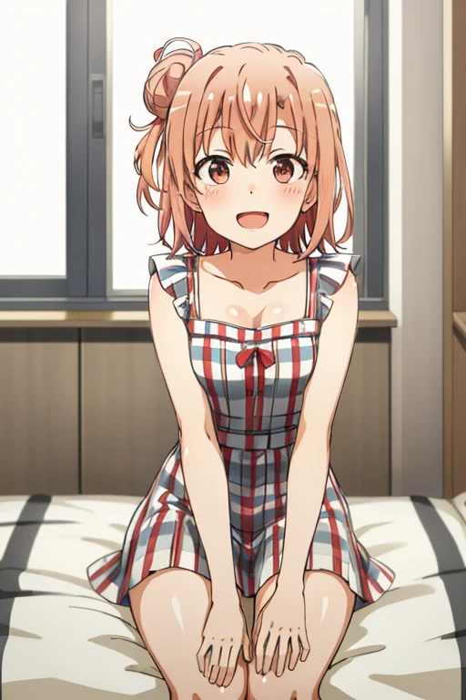 ((highest quality)), ((masterpiece)), (be familiar with), Perfect Face, indoor, Bedroom, Watching the audience,
One woman, Yuigahama Yui,
Open Mouth, Ecstatic expression, blush, smile,
Small breasts, Flat Chest, Young Girl, , , Girl,
Short Hair, Salmon-colored hair, Salmon-colored eyes, Side Pony,
Leg spread,