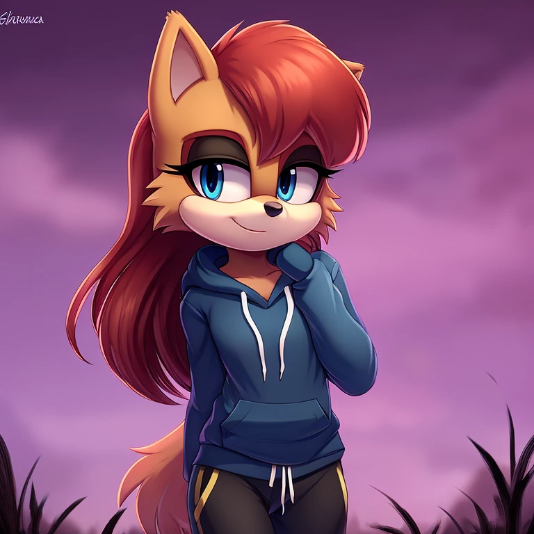 sonic_(series), sally acorn, (((mobian))), ((thin body, skinny figure)), (red hair, wavy bangs, long hair), ((blue eyes, aqua eyelids)), (blue hoodie,black shirt, black trackpant ), beautiful, pretty, cute, masterpiece, 4k, high quality, studio quality, detailed, insanely detailed, extreme detail, refined detail, perfect detail, max detail ,