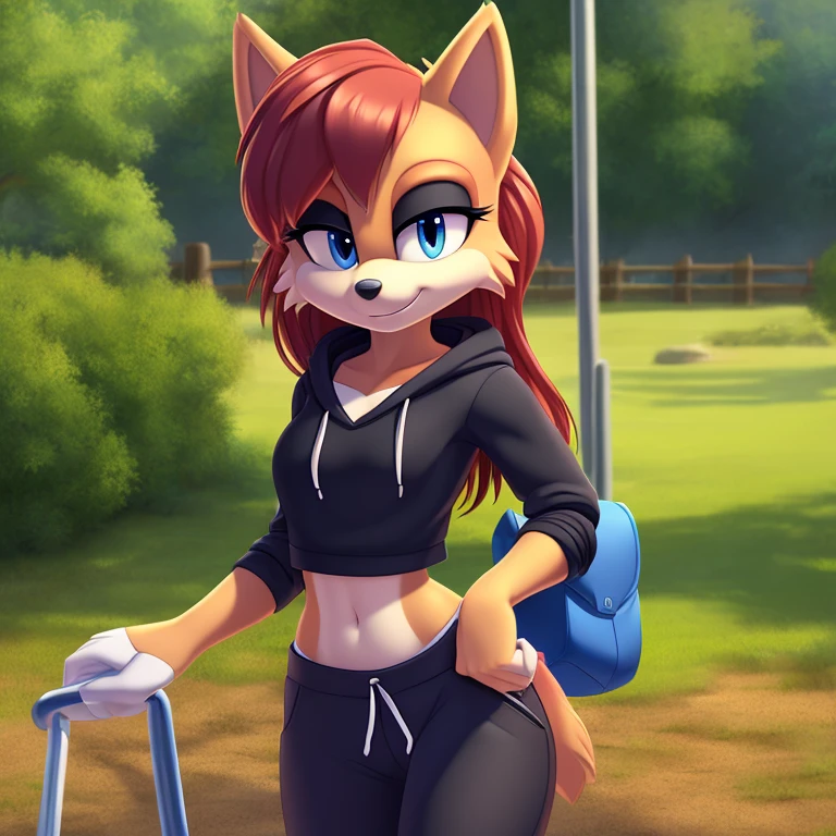 sonic_(series), sally acorn, (((mobian))), ((thin body, skinny figure)), (red hair, wavy bangs, long hair), ((blue eyes, aqua eyelids)), (blue hoodie,black shirt, black trackpant ), beautiful, pretty, cute, masterpiece, 4k, high quality, studio quality, detailed, insanely detailed, extreme detail, refined detail, perfect detail, max detail ,