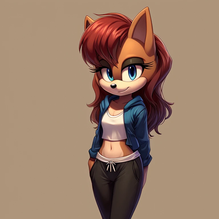 sonic_(series), sally acorn, (((mobian))), ((thin body, skinny figure)), (red hair, wavy bangs, long hair), ((blue eyes, aqua eyelids)), (blue hoodie,black shirt, black trackpant ), beautiful, pretty, cute, masterpiece, 4k, high quality, studio quality, detailed, insanely detailed, extreme detail, refined detail, perfect detail, max detail ,