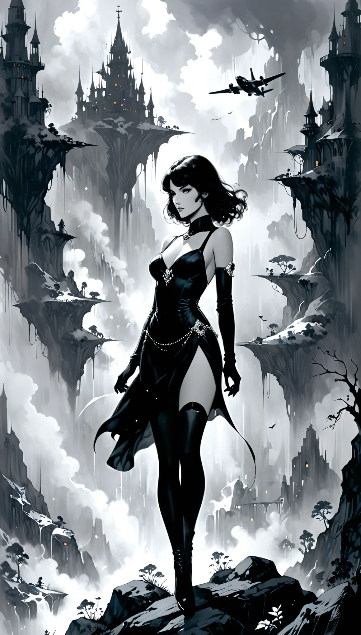 in style of Jeffrey Catherine Jones,in style of Megan Hess,1girl,fine sketches,Vivid,Moody,Landscapes,Fantasy,Dark,Royal Air Force Girls,