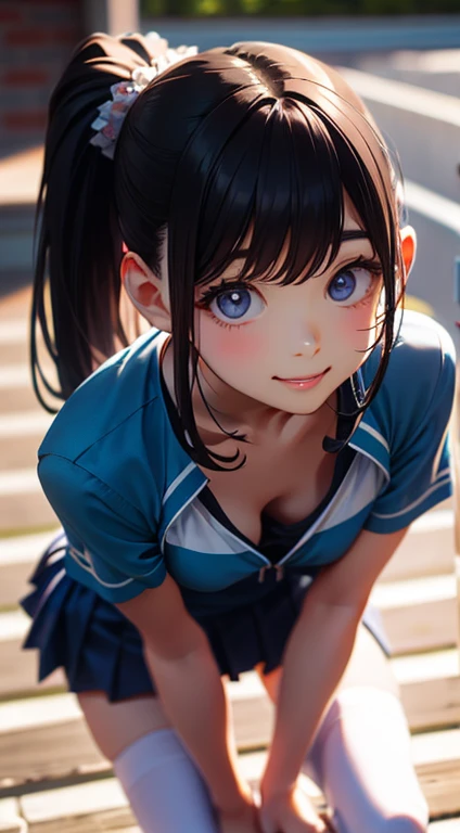 masterpiece, highest quality, One Girl, Thighs, beautiful girl, Small waist, Official Art, RAWphotograph,colorful、Bright lighting、Face Light, Ultra-realistic, High resolution, photograph, Sharp focus, Highly detailed eyes and face,Symmetrical face, whole body、Large Breasts、Long Hair、チラリと見えるThighs、Beautiful cleavage、smile、lipstick、ponytail、Lace tennis wear、whole body、Embarrassed、Lace mini skirt、White socks