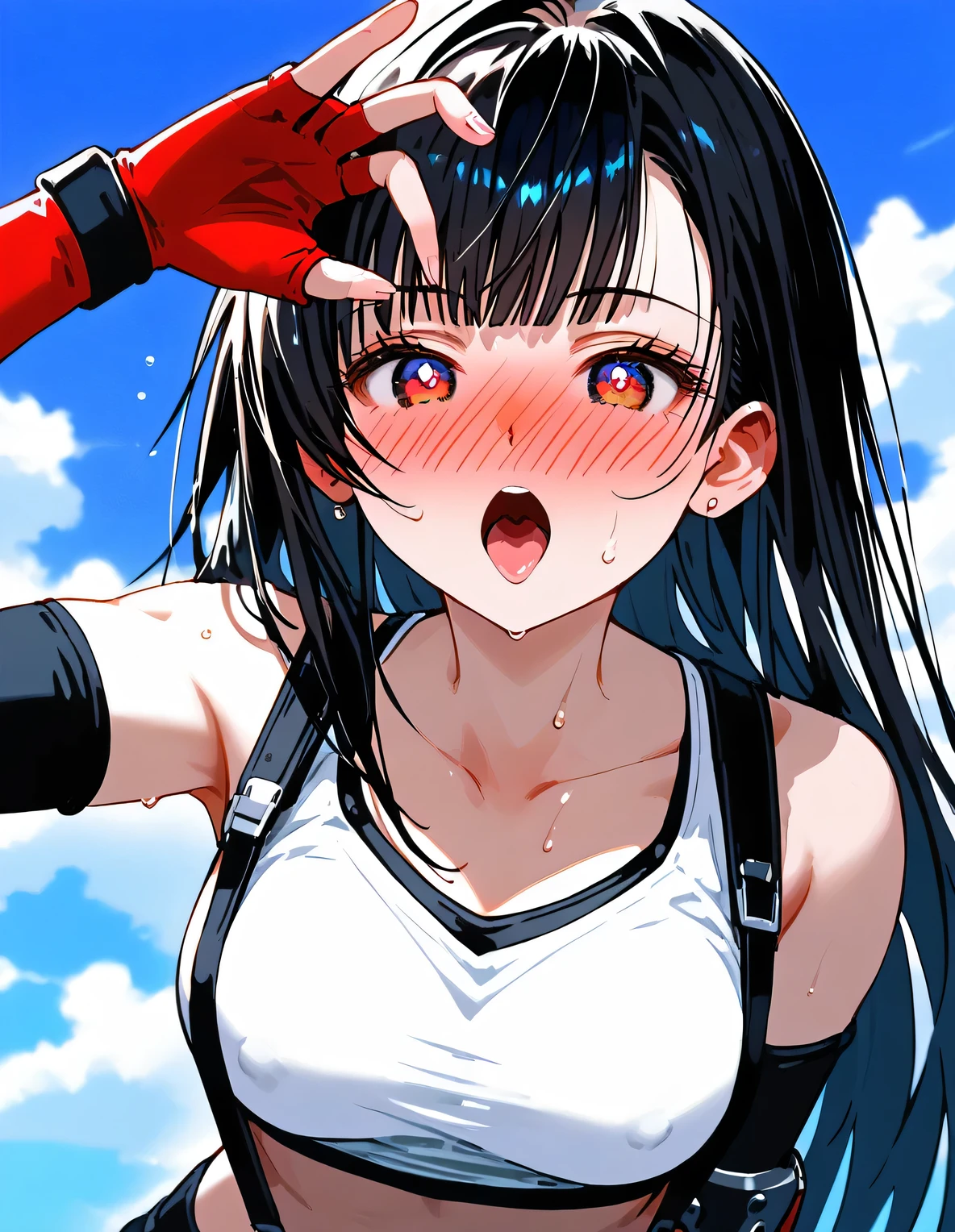 (extremely detailed eyes and face:1.37),( beautiful detailed eyes,absurdres:1.37),( incredibly absurdres:1.37), huge filesize , ultra-detailed, highres, extremely detailed,1girl,
tifa lockhart, final fantasy, white crop top, elbow pad, fingerless gloves, suspenders, white tshirt, sexy look,
(Strong waist and abdominal muscles), Nipple protrusion, medium breasts, ((nose blush)), chest focus, (Sweat), sweaty hair, (fellatio gesture), torogao, glint, blunt bangs, action pizazz, bend over, (cowboy shot), close-up, vanishing point, Ultra-Wide Angle, foreshortening