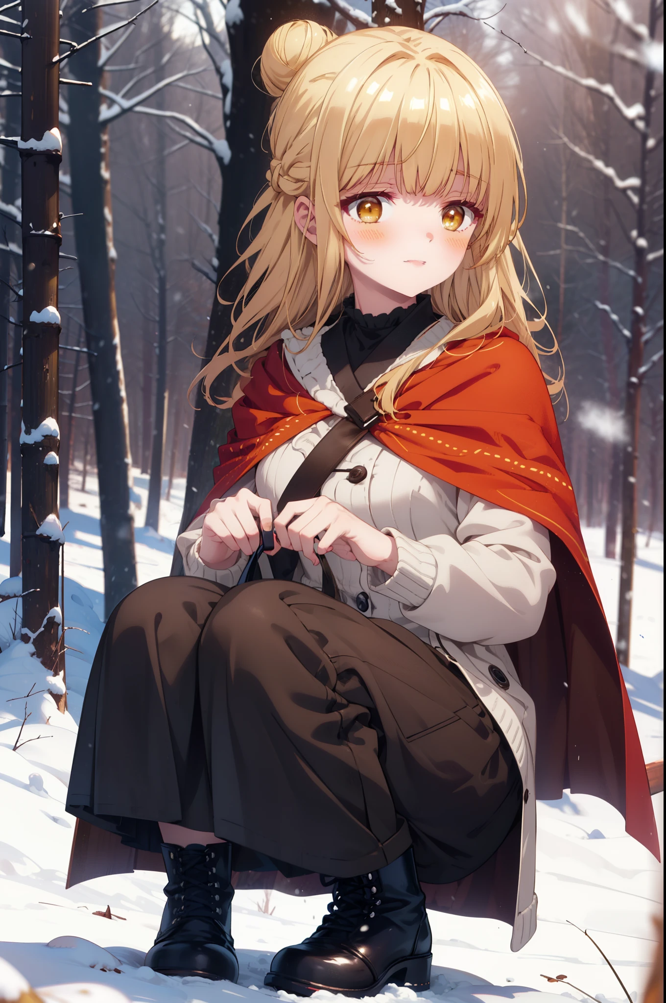 I am mahirushiina, Mahiru shiina, blonde, (Brown eyes:1.7), Long Hair, happy smile, smile, Open your mouth,Hair Bun, single Hair Bun,blush,White Breath,
Open your mouth,snow,Ground bonfire, Outdoor, boots, snowing, From the side, wood, suitcase, Cape, Blurred, Increase your meals, forest, White handbag, nature,  Squat, Mouth closed, フードed Cape, winter, Written boundary depth, Black shoes, red Cape break looking at viewer, Upper Body, whole body, break Outdoor, forest, nature, break (masterpiece:1.2), highest quality, High resolution, unity 8k wallpaper, (shape:0.8), (Beautiful and beautiful eyes:1.6), Highly detailed face, Perfect lighting, Highly detailed CG, (Perfect hands, Perfect Anatomy),