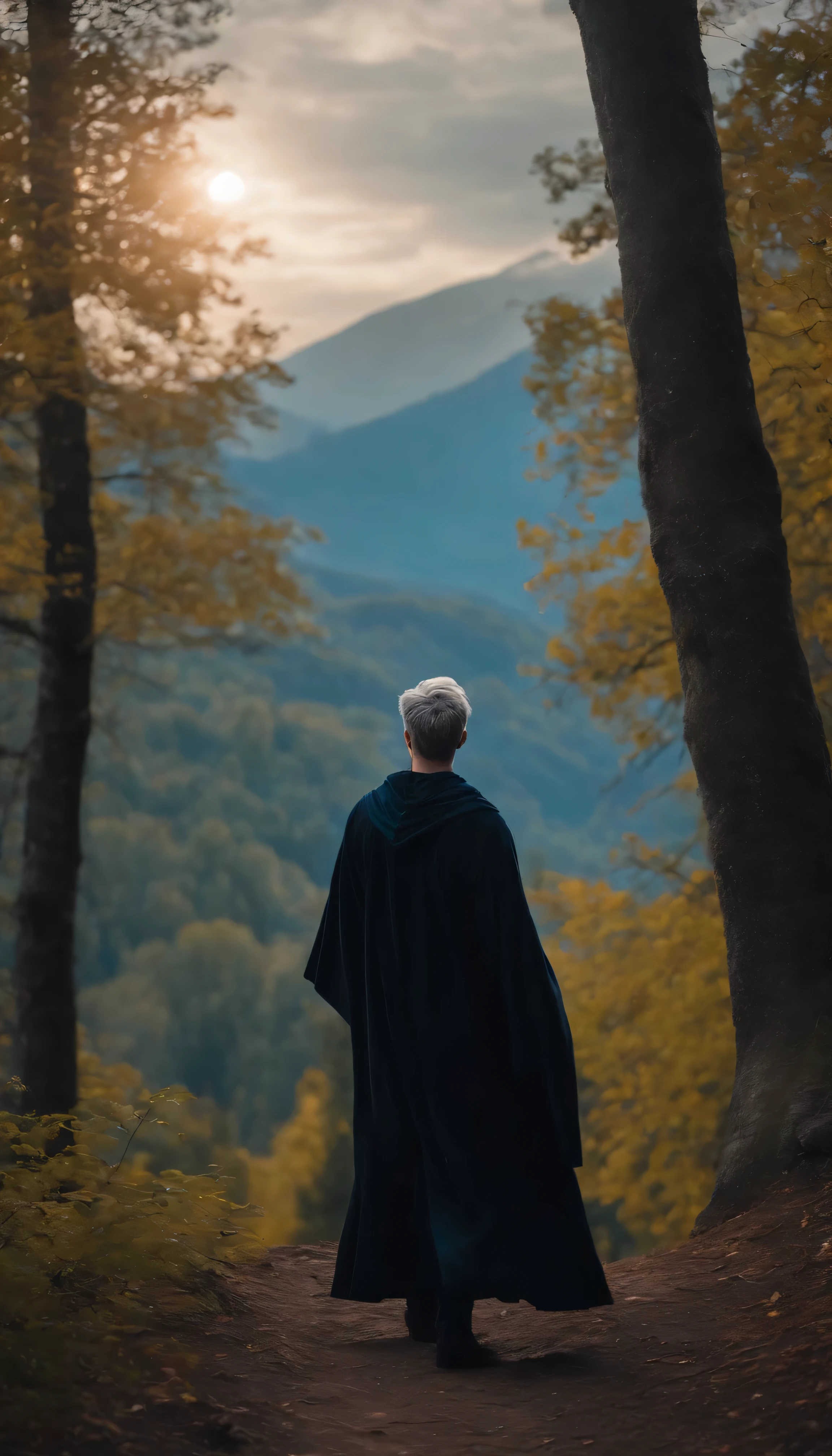 8k, close distance portrait, a young male wizard with black clothes and grey short hair from behind, hand up to the sky, throwing a blue wind from his hand to forest from the hill