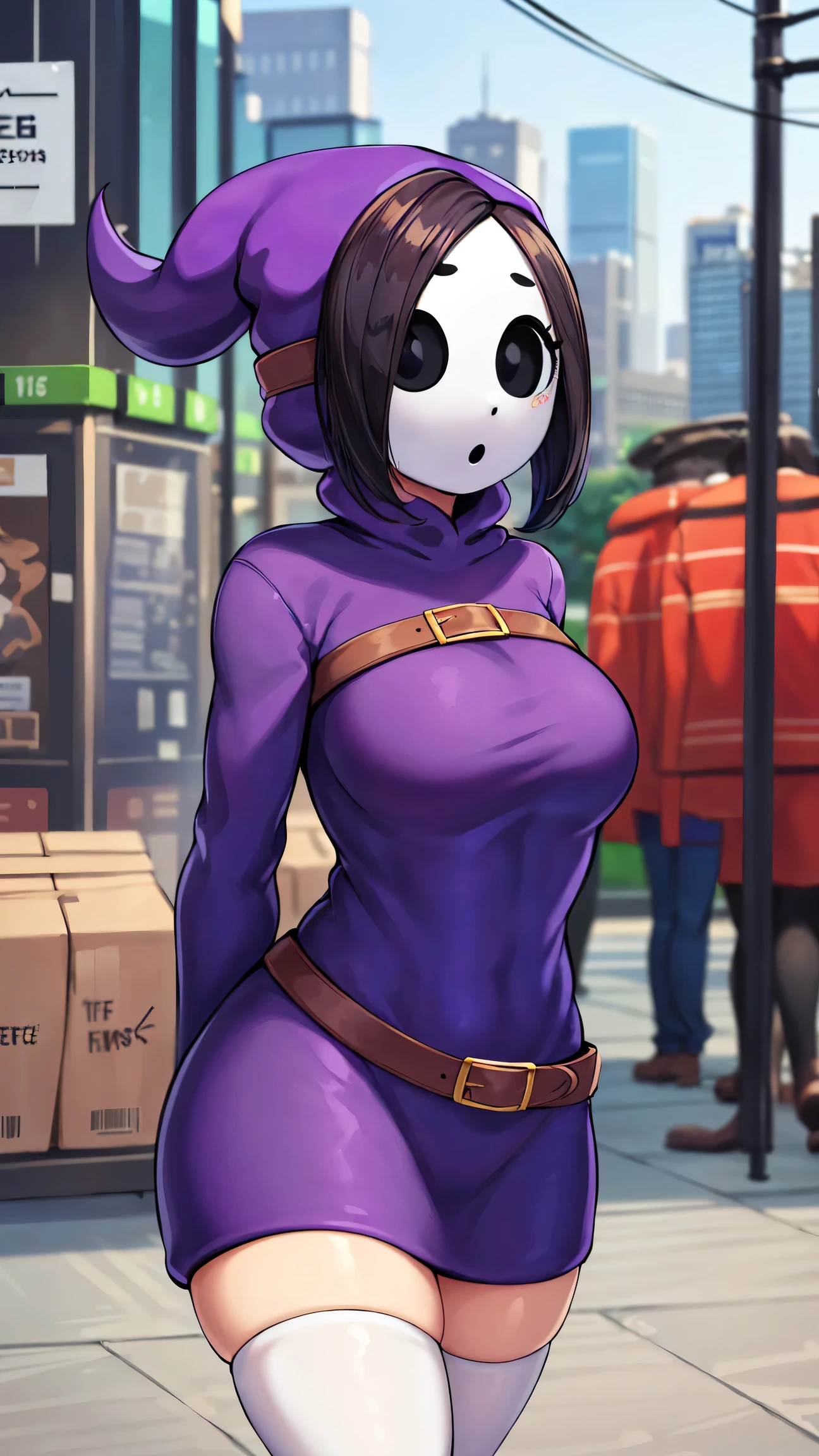 ((best quality)), ((highly detailed)), masterpiece, absurdres, (detailed eyes, deep eyes), (1girl), upper body, shygal, ((white mask)), eyelashes, (round eyes, wide eyes), (faceless), black eyes, no nose, cyan hair, (purple hoodie), dress, belt, white thighhighs, boots, blue footwear, (outside, in a city, dusk)