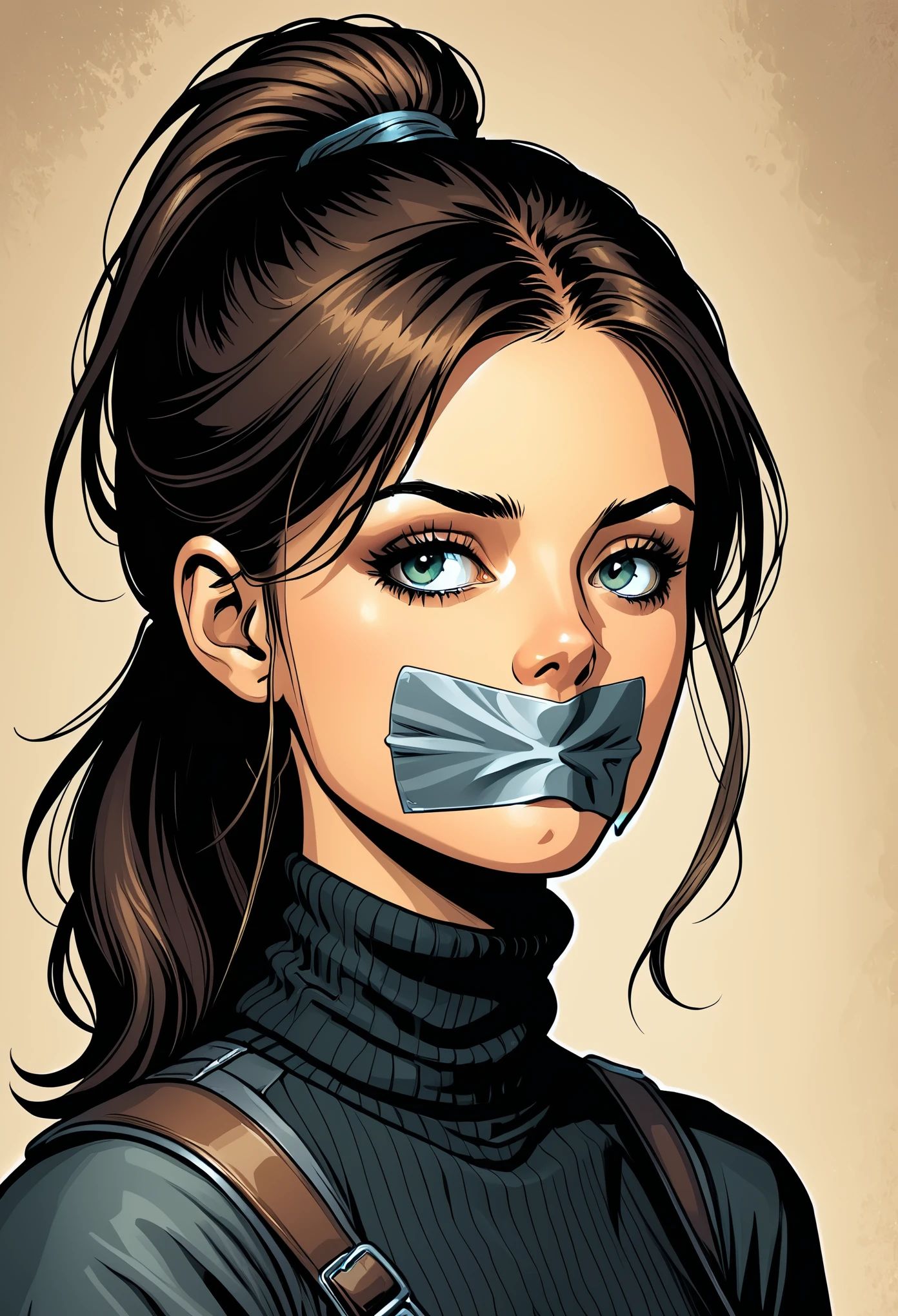 graphic novel illustration, portrait of a beautiful woman, 25yo, gagged, tapegag, ponytail