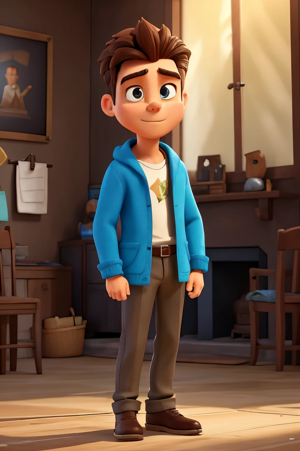 Standing before you is a man in a fashionable outfit, a 3D cartoon character in 4k HD. He is engrossed in a conversation with someone off-frame, his body leaning slightly towards them. The sun casts a warm light upon him, illuminating his features in high definition. The vibrant colors and sharp lines of his clothing stand out against the simple background, adding depth and texture to the scene. Despite being a mere representation, the man exudes a sense of charisma and confidence, making you feel as if he could leap off the screen and join you in the real world.
