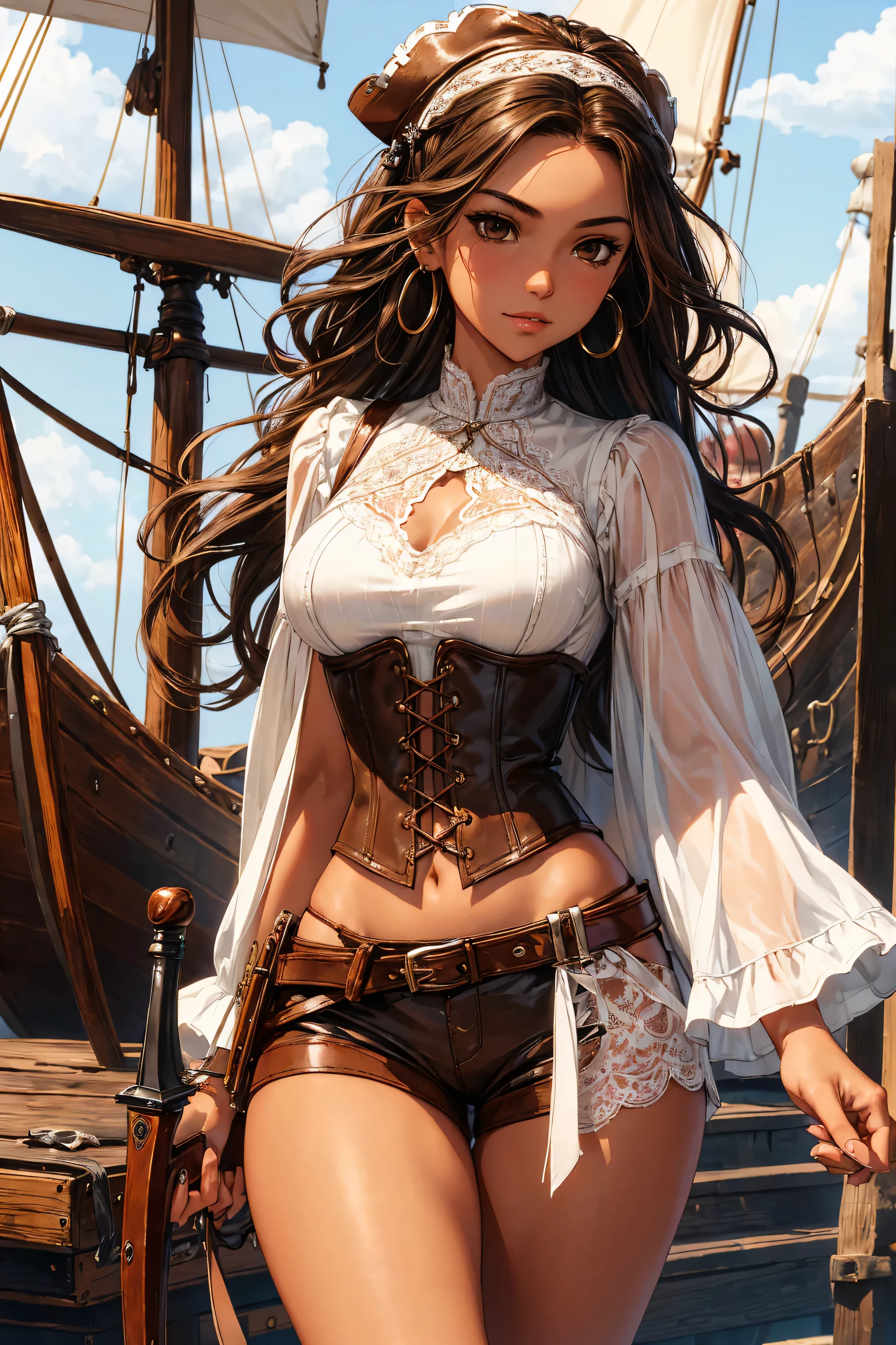 (masterpiece), best quality, expressive eyes, perfect face, (pirate ship background), (standing), (smirk), (closeup view), (1girl, vanessa alessia, dark skin, tanned skin, brown hair, wavy hairstyle, brown eyes, hourglass figure, thin body, skinny body, petite_body, medium breasts, thick thighs, long fingernails, brown plaid head wrap, white front lace blouse, long sleeve, loose fit, brown leather corset, brown leather shorts, brown boots, sheathed cutlass sword, flintlock pistol in holster, hoop earrings, miscellaneous jewelry), porn star, topless