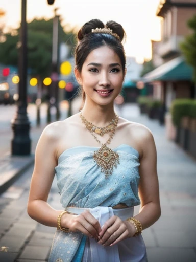 Thaifacemixx, Full body shot, 1woman, 
85mm lens,f/8.0,
brown hair,
medium breasts,
(china street:1.3),
1girl, 18 years old,
double bun and long twin tails, light blue hair
detailed face, detailed eyes, shiny skin, 
(extremely detailed 8k wallpaper),(8k, RAW photo, HDR, absurdres:1.2,best quality, masterpiece:1.2), (realistic, photo-realistic:1.37),best quality, realistic, photorealistic,ultra detailed,extremely detailed face,BRIGHT LIGHT,ultrawide shot, 8k uhd, dslr, soft lighting, high quality, film grain, Fujifilm XT3
tradition gold body strap,
            red sabai dress holding a flower,
            thai  traditional necklace,
            thai  traditional bracelets,
            thai  traditional belt,
            thai  traditional earring,
strapless thai  traditional dress,
 