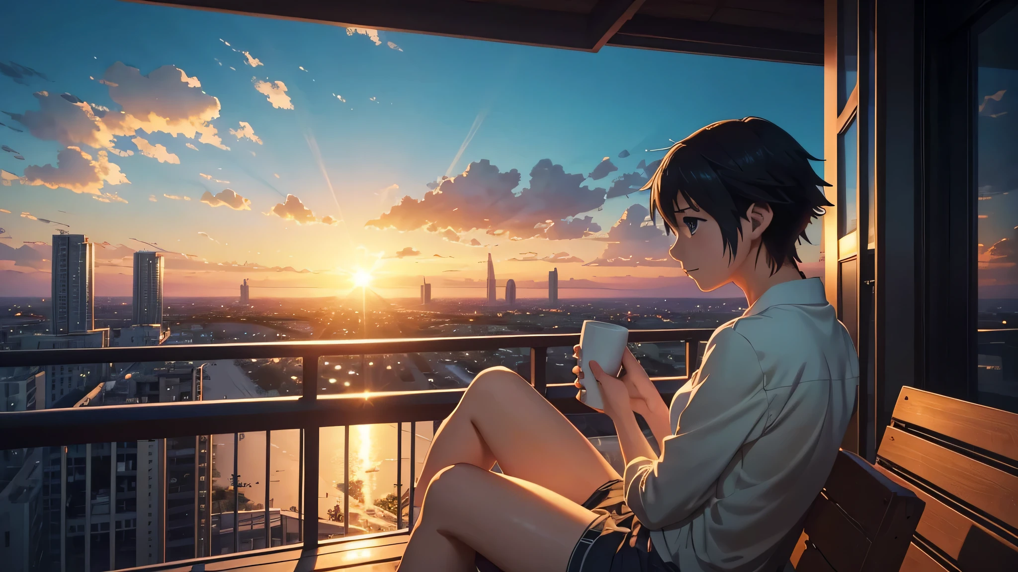 anime girl sitting on balcony reading a book and drinking coffee, makoto shinkai cyril rolando, in style of makoto shinkai, watching the sun set. anime, beautiful anime scene, makoto shinkai art style, style of makoto shinkai, ( ( makoto shinkai ) ), makoto shinkai style, makoto shinkai!