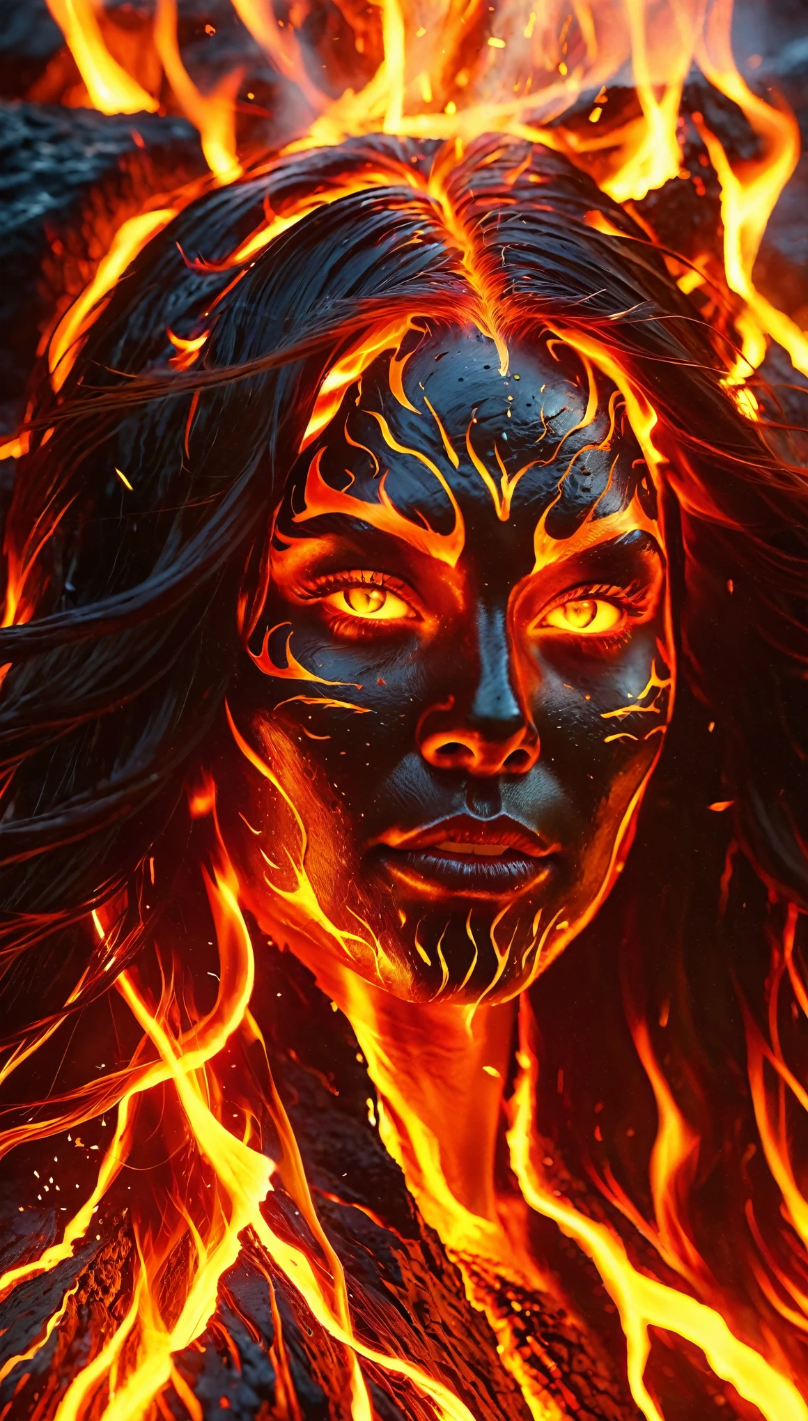 (best quality,absurdres), realistic, 8k, ultra-detailed, face medium close up, female lava demon, demonic beautiful woman face, beautiful demon eyes, fiery long hair, part of the hair blown by the wind scatters fiery sparks, part of the hair floats on the surface of the lava, immersed in  lava, swimming in lava, head and neck visible, body immersed in hot lava fire element, 