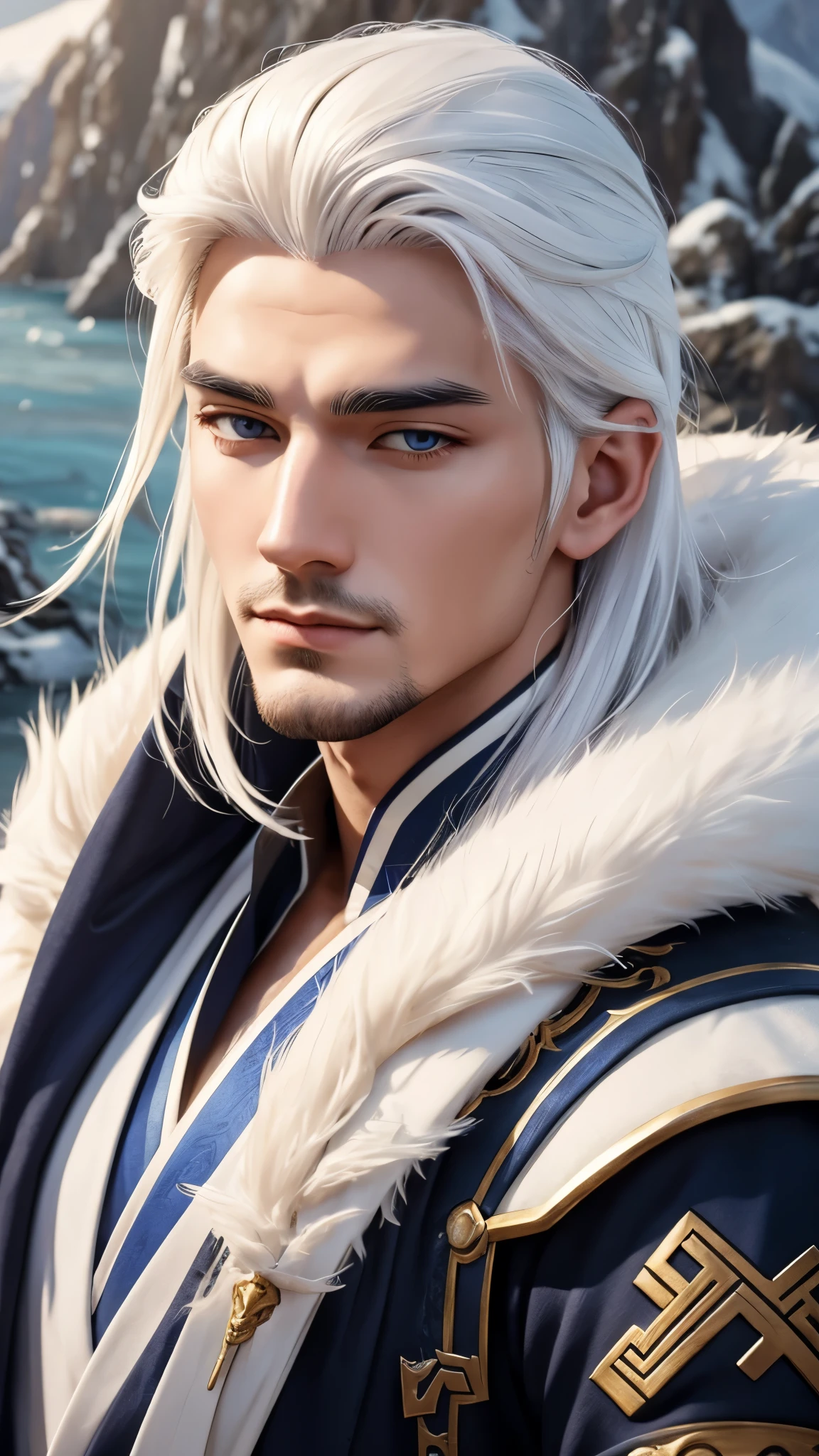 Masterpiece, close-up of a man with white hair and white mask, beautiful figure painting, Guviz, Guwiz style artwork, white-haired god, Yang J, epic exquisite character art, amazing character art, Fan Qi, Wu Zhun Shifan, Gu Vitz in Pixiv Art Station, Antique, Mountains and Rivers