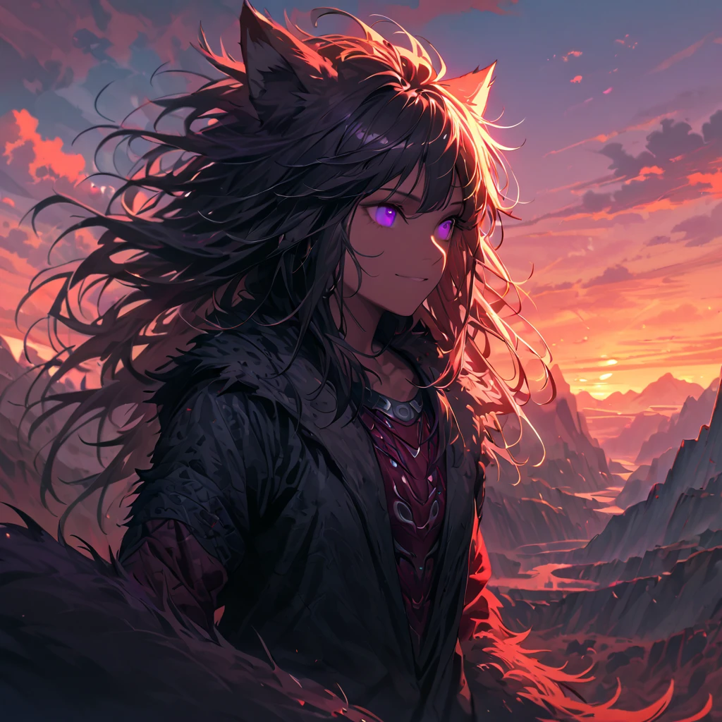 [Best Quality, Shaded, Extreme Detail, Highly Detailed, Ultra Detailed, Intricate, Realistic, Perfect Face, Full Body Portrait], Fenrir Woman, Thick Fur, Full Tail, Long Hair, (Black Color Fur), Eyes almond (dark purple color), discreet smile, serene face, animal clothing (a completely hairy humanoid body), [detailed landscape, harmonious color palette, striking contrast between light and darkness], apocalyptic landscape at sunset sun, sky with a few clouds.