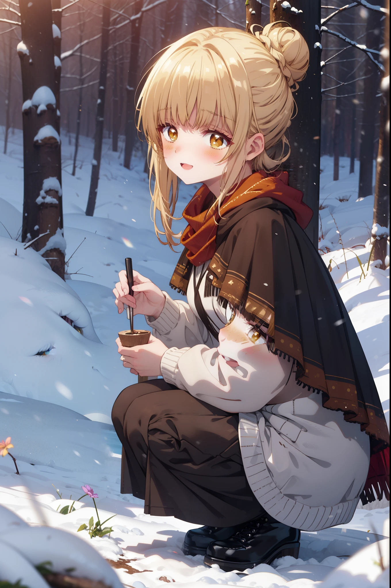 I am mahirushiina, Mahiru shiina, blonde, (Brown eyes:1.7), Long Hair, happy smile, smile, Open your mouth,Hair Bun, single Hair Bun,blush,White Breath,
Open your mouth,snow,Ground bonfire, Outdoor, boots, snowing, From the side, wood, suitcase, Cape, Blurred, Increase your meals, forest, White handbag, nature, Squat, Mouth closed, フードed Cape, winter, Written boundary depth, Black shoes, red Cape break looking at viewer, Upper Body, whole body, break Outdoor, forest, nature, break (masterpiece:1.2), highest quality, High resolution, unity 8k wallpaper, (shape:0.8), (Beautiful and beautiful eyes:1.6), Highly detailed face, Perfect lighting, Highly detailed CG, (Perfect hands, Perfect Anatomy),