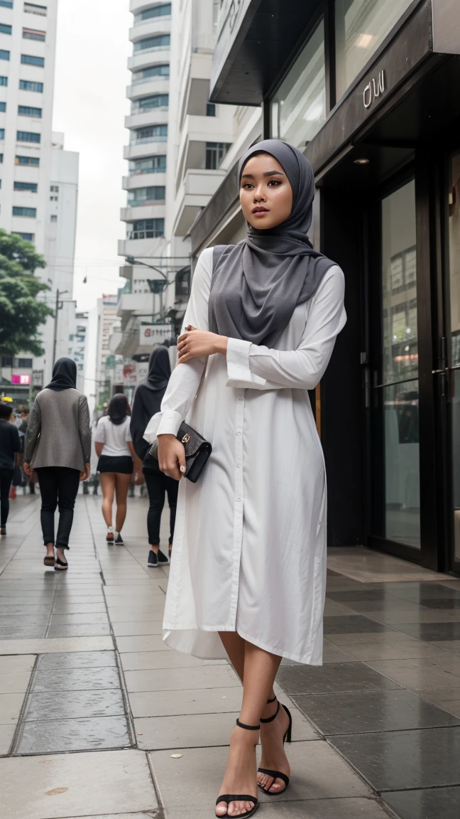 Gorgeous woman, twenty five years old, Indonesian, she is a top model, stylish, fashionable, unique modeling pose, grey hijab paired with white long tunic, Jakarta city downtown 