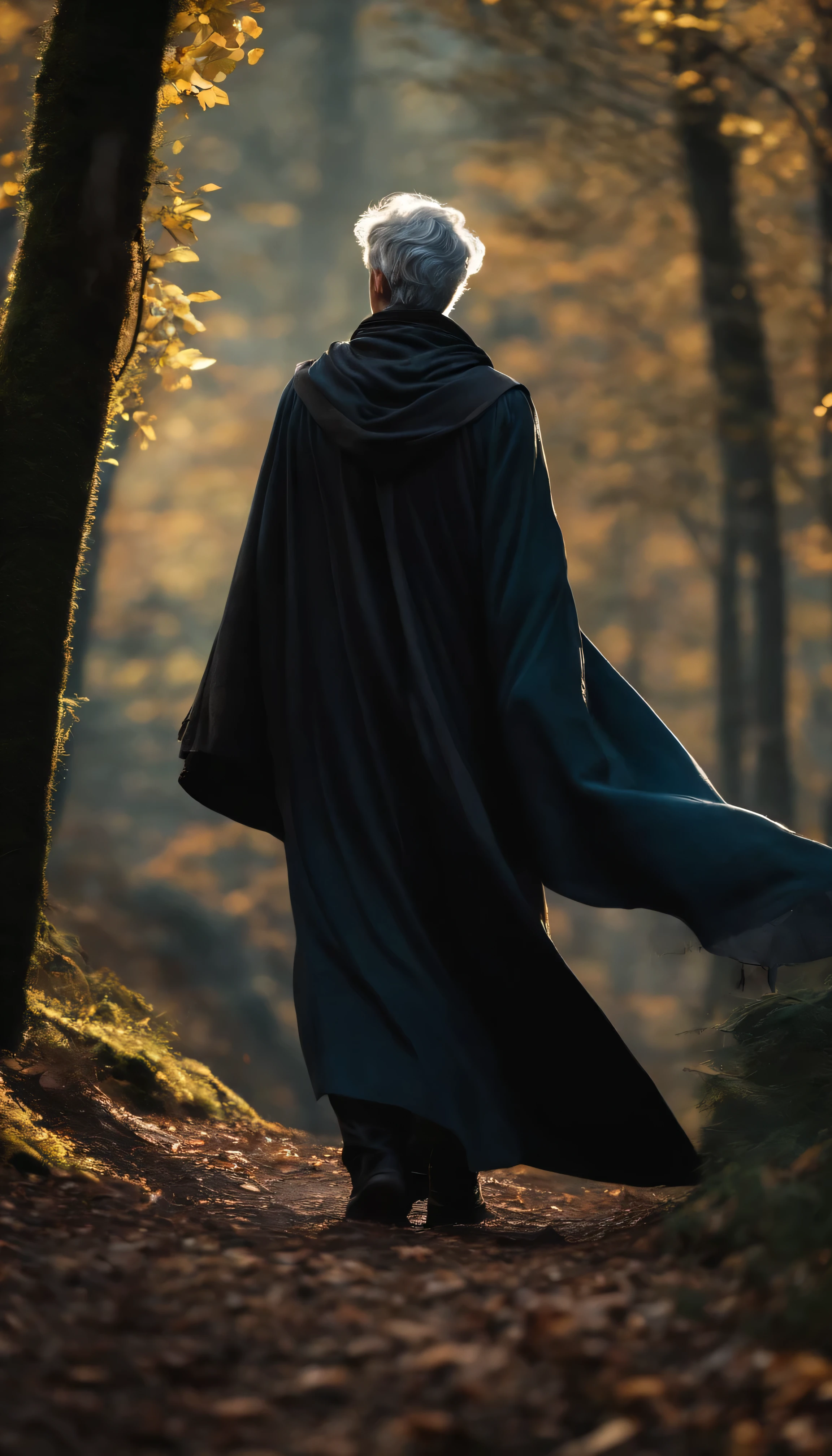A young male wizard with black cloth with short grey hair from behind, charging mana in the medieval forest background