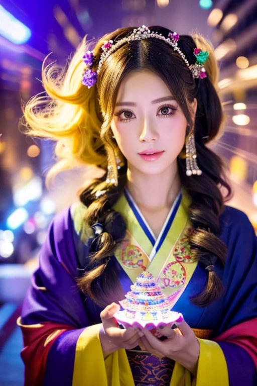 ((highest quality)), ((masterpiece)), (detailed), Perfect Face,kind,Healing,Alluring,fortune teller,Fantastic,vivid,Long Hair,front,Gal,Flashy hair,Wizard,Anime style robe,Yellow Eyes,Eyelashes,crystal,goddess,Economic fortune,billionaire,God,money,Sparkling,gem,front,money持ち,dress,Power spot,kimono,Ethnic
